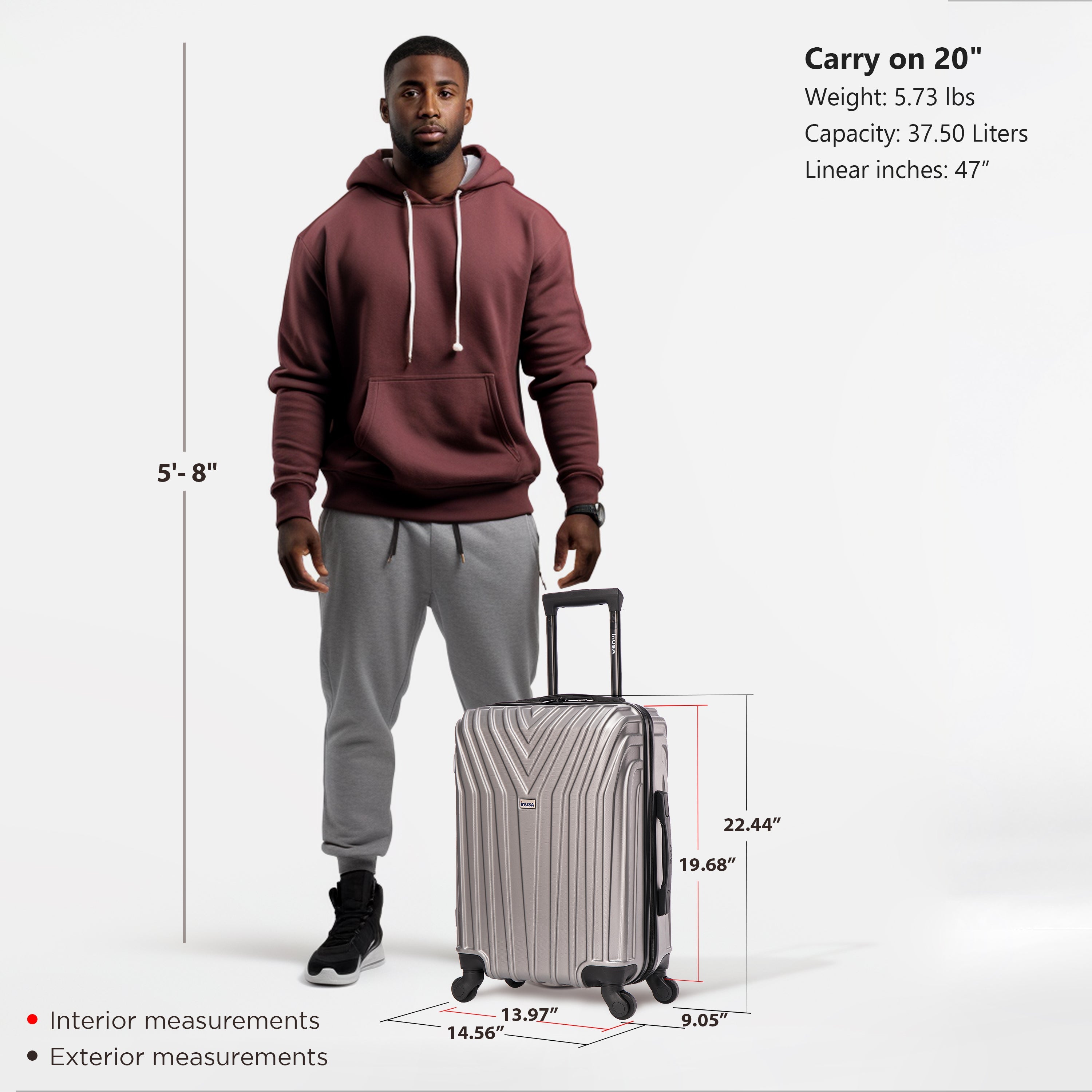Man standing next to a silver suitcase with dimensions displayed