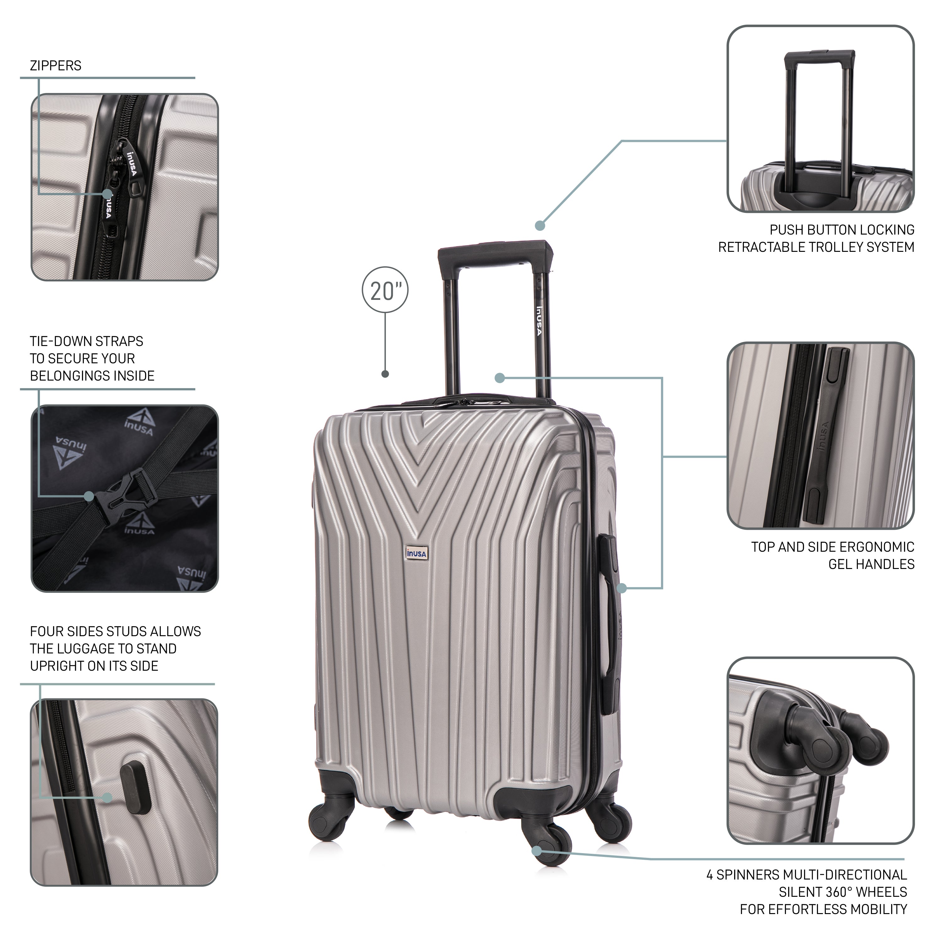 Gray suitcase with features highlighted on a white background