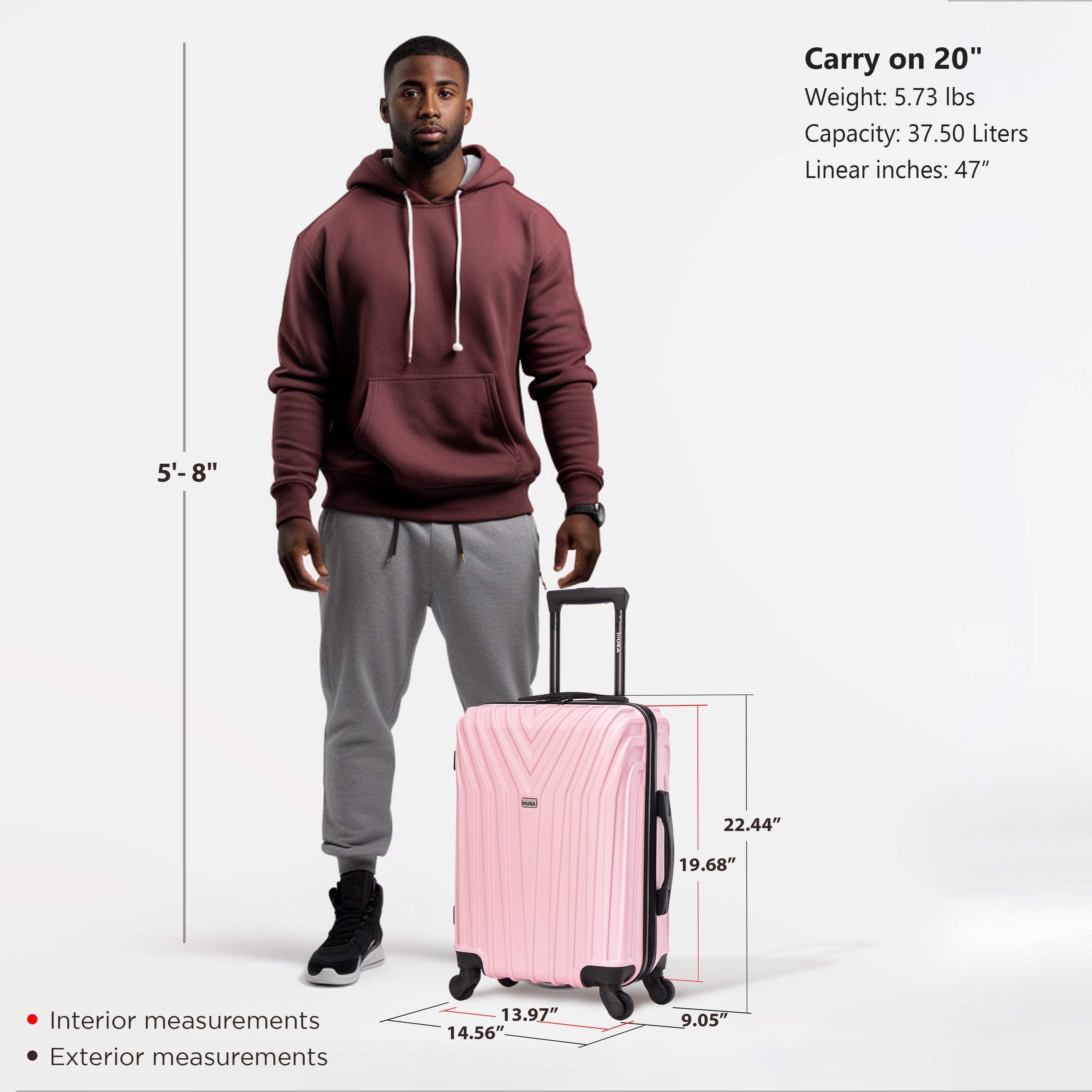 Man holding a pink suitcase with measurements displayed
