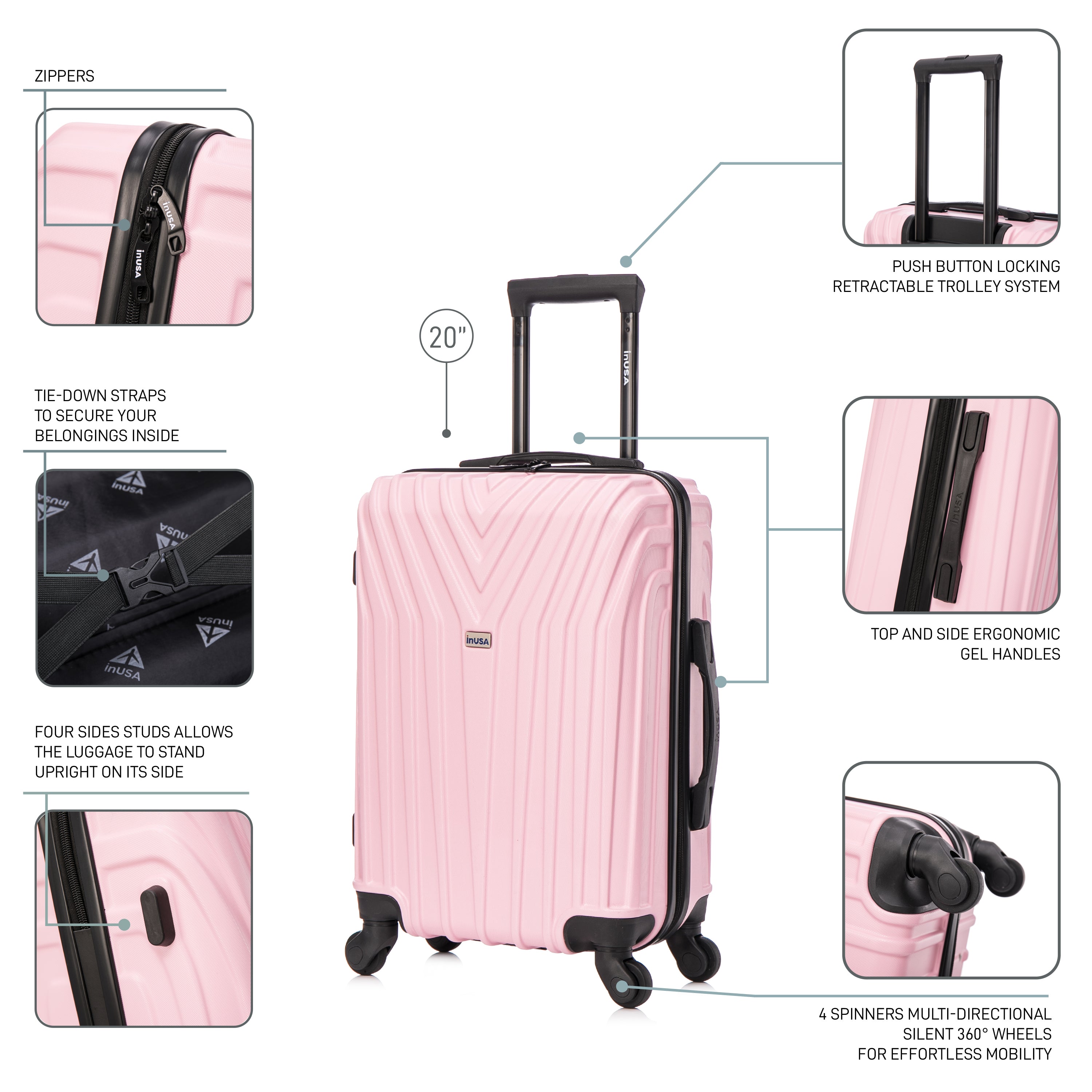 Pink suitcase with features highlighted on a white background