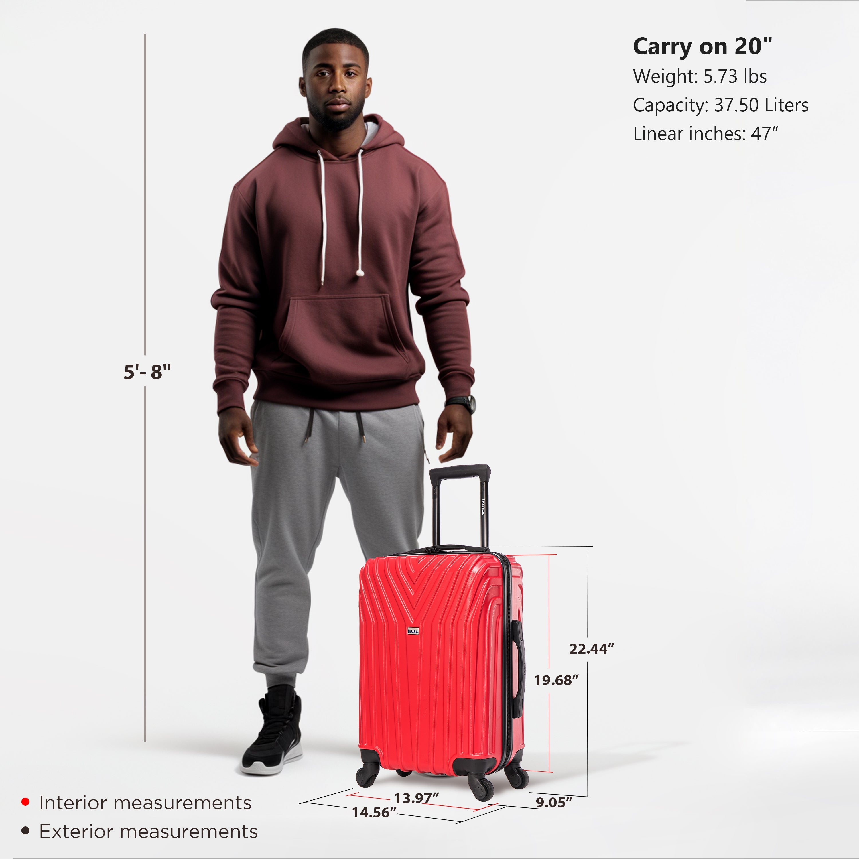 Man standing next to a red suitcase with measurements displayed