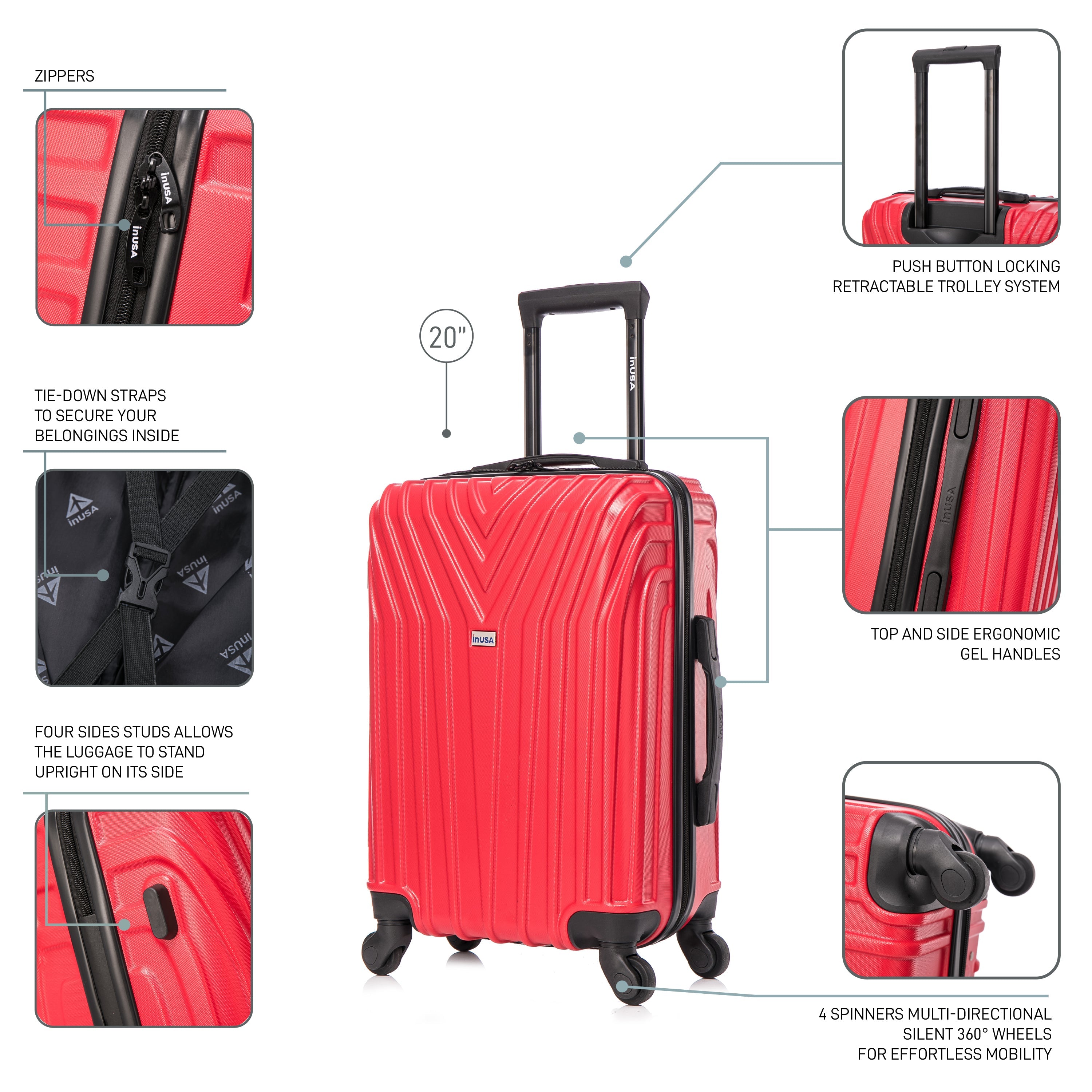 Red suitcase with features highlighted on a white background
