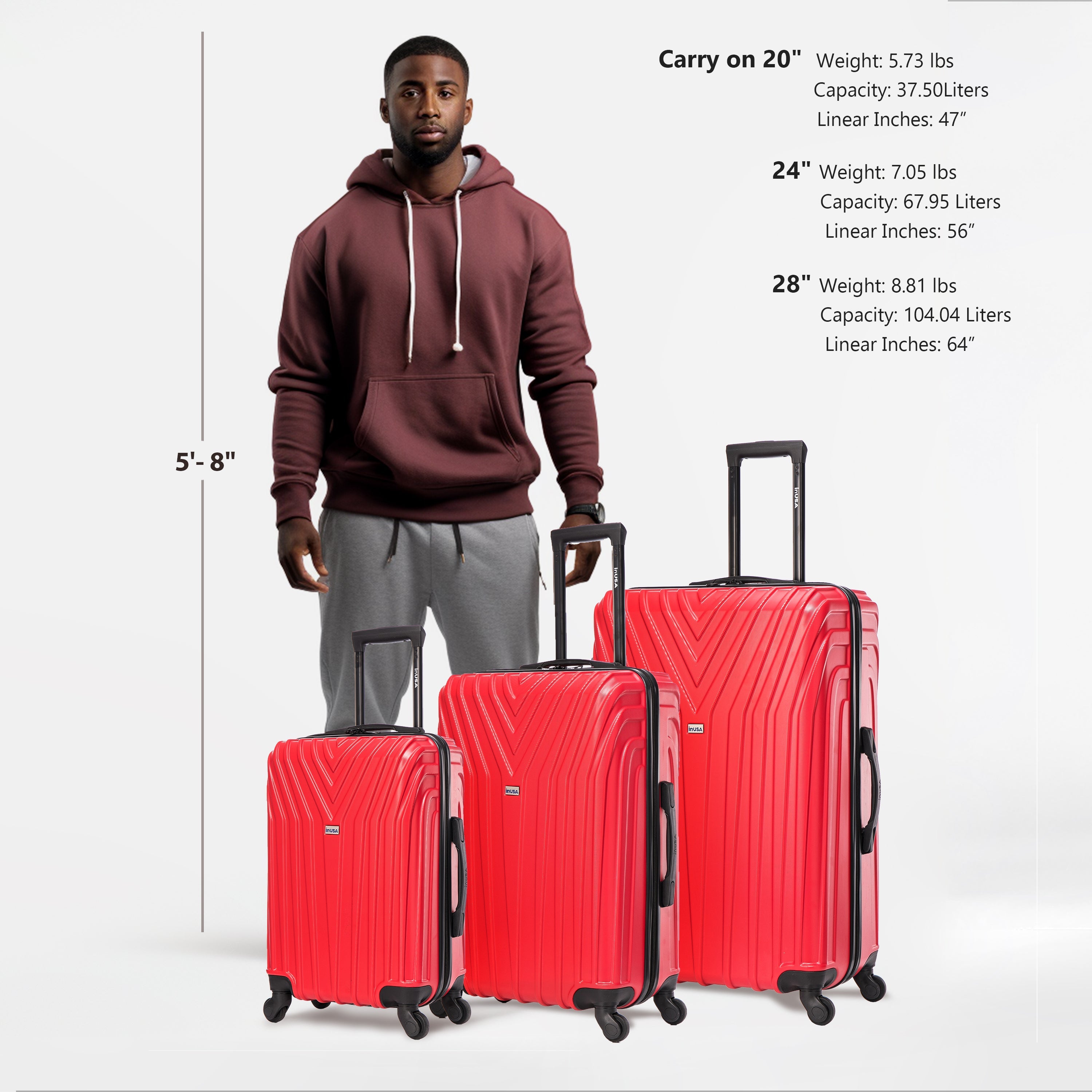 Man standing with three red suitcases of different sizes on a white background