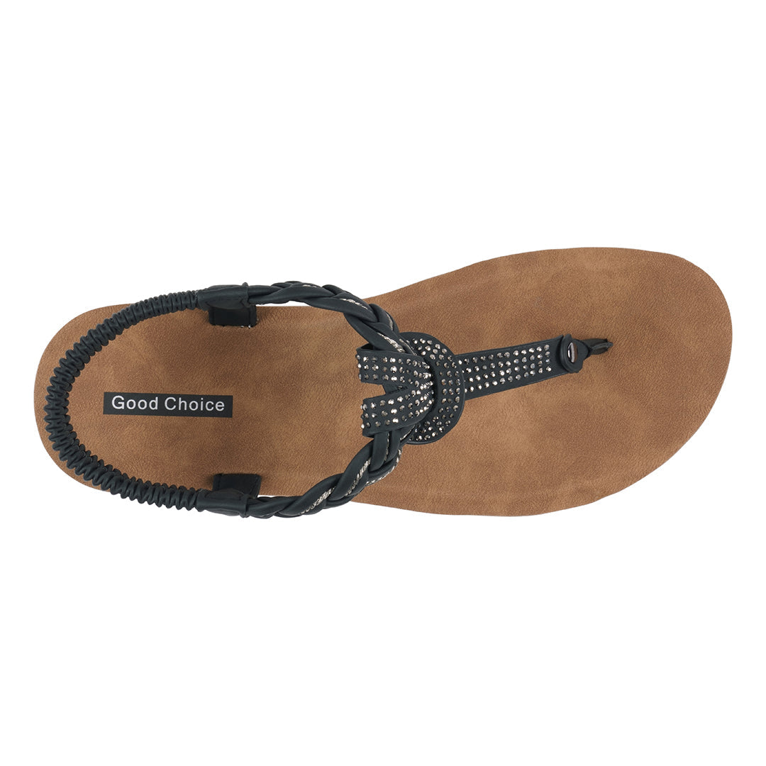 Brown sandal with black strap and 'Good Choice' label on a white background