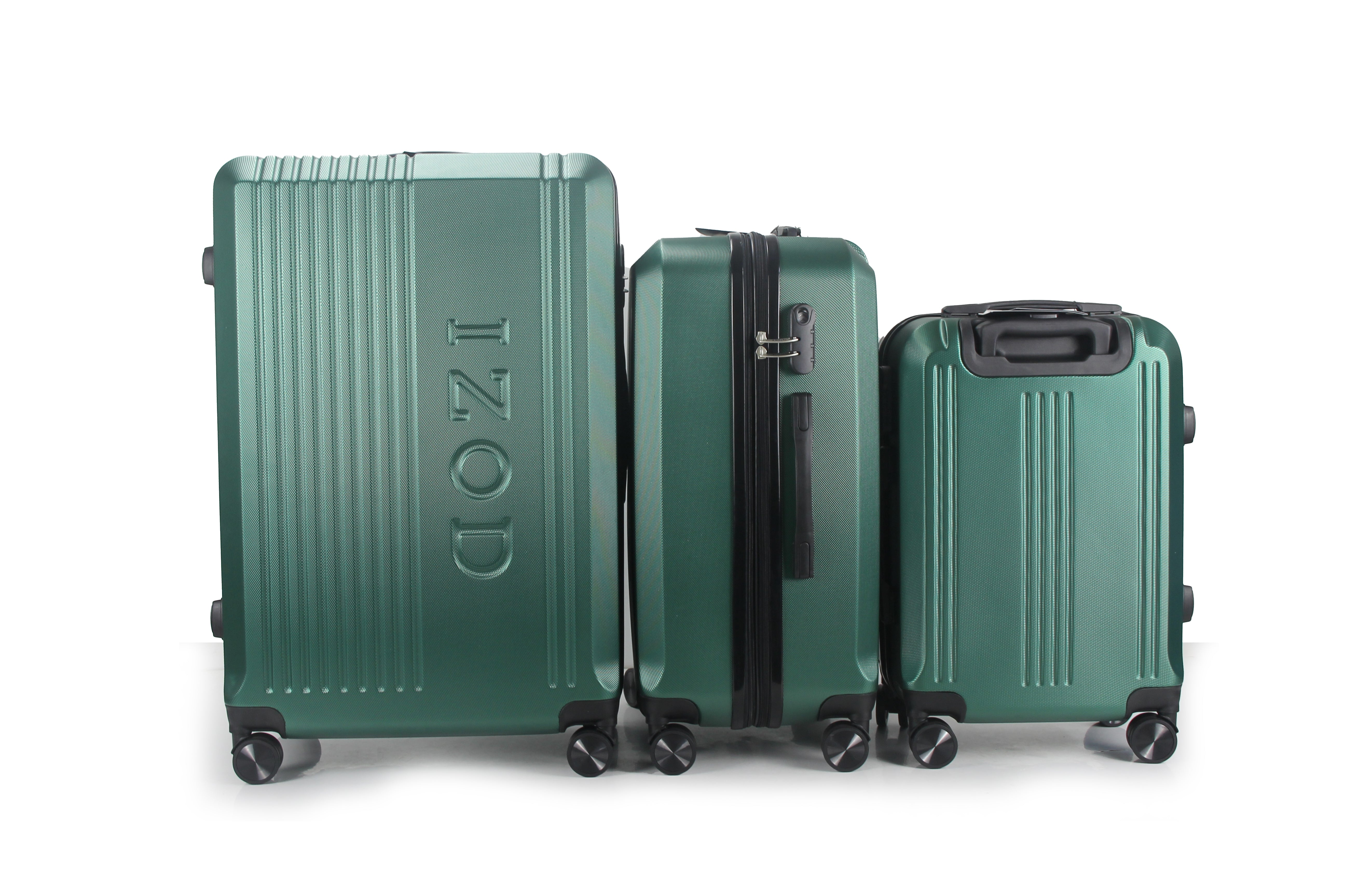 Three green suitcases of different sizes with 'IZOD' branding on a white background
