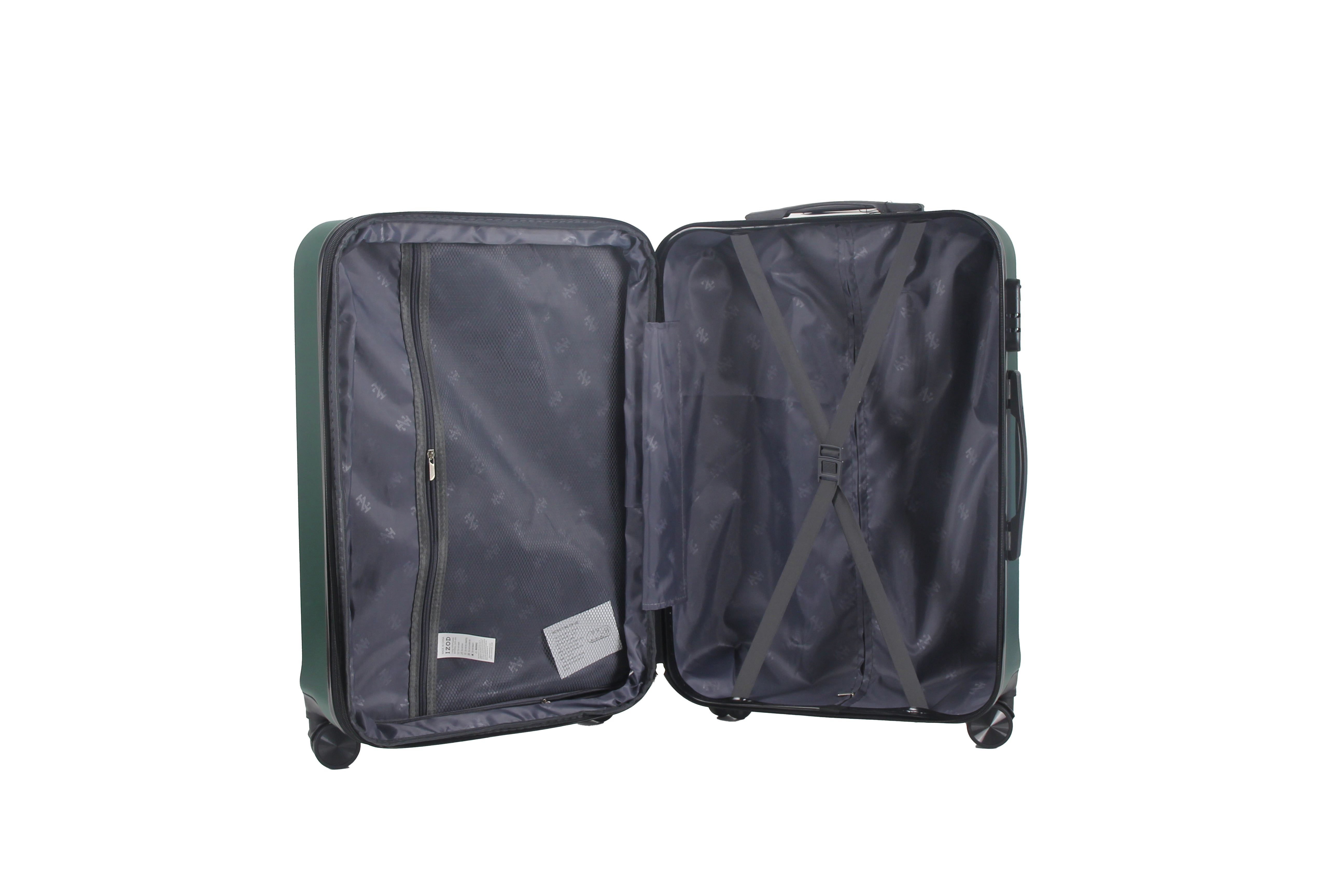 Open green suitcase on a white background