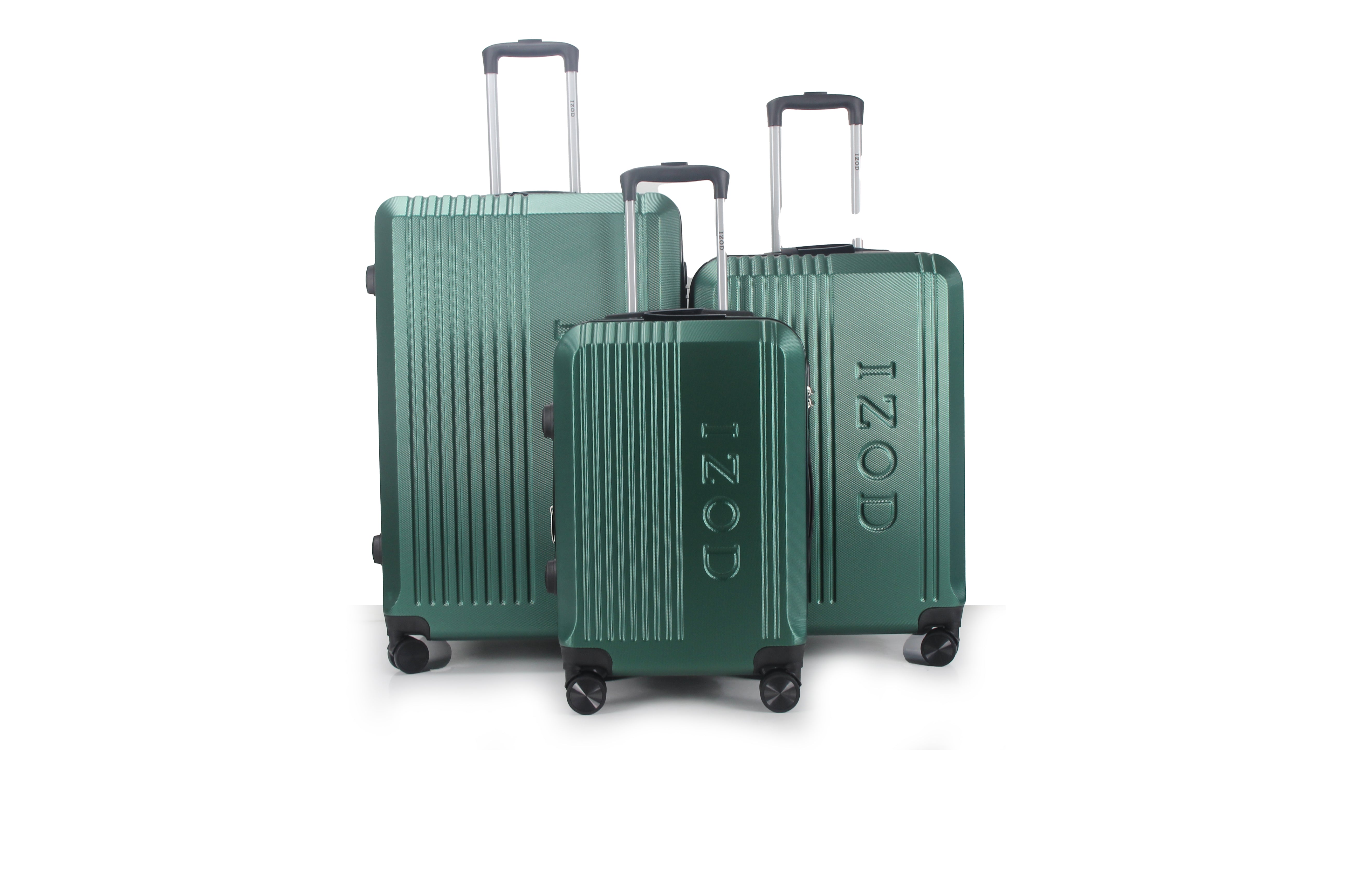 Three green suitcases of different sizes with 'IZOD' branding on a white background