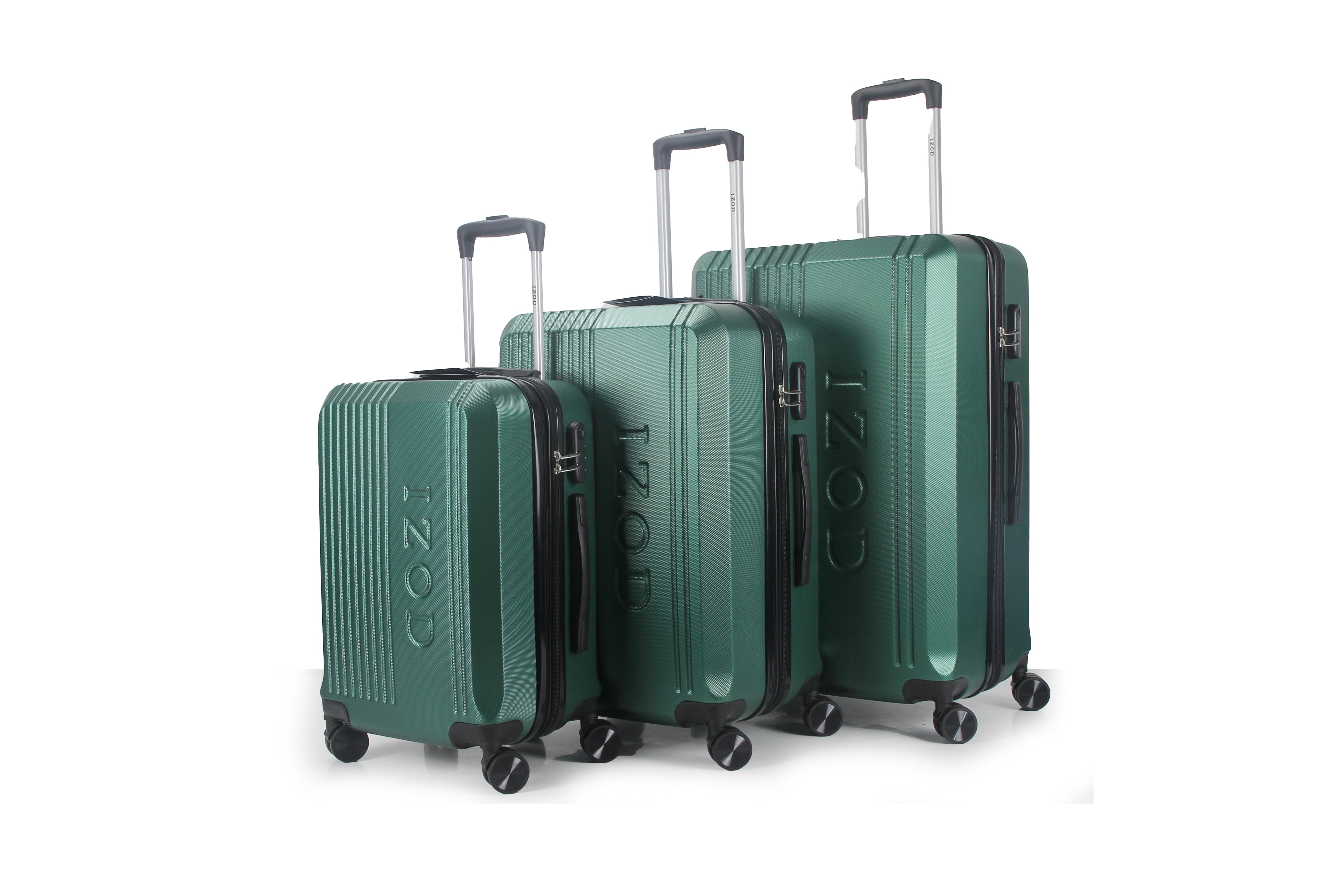 Set of three green suitcases with 'IZIPO' branding on a white background