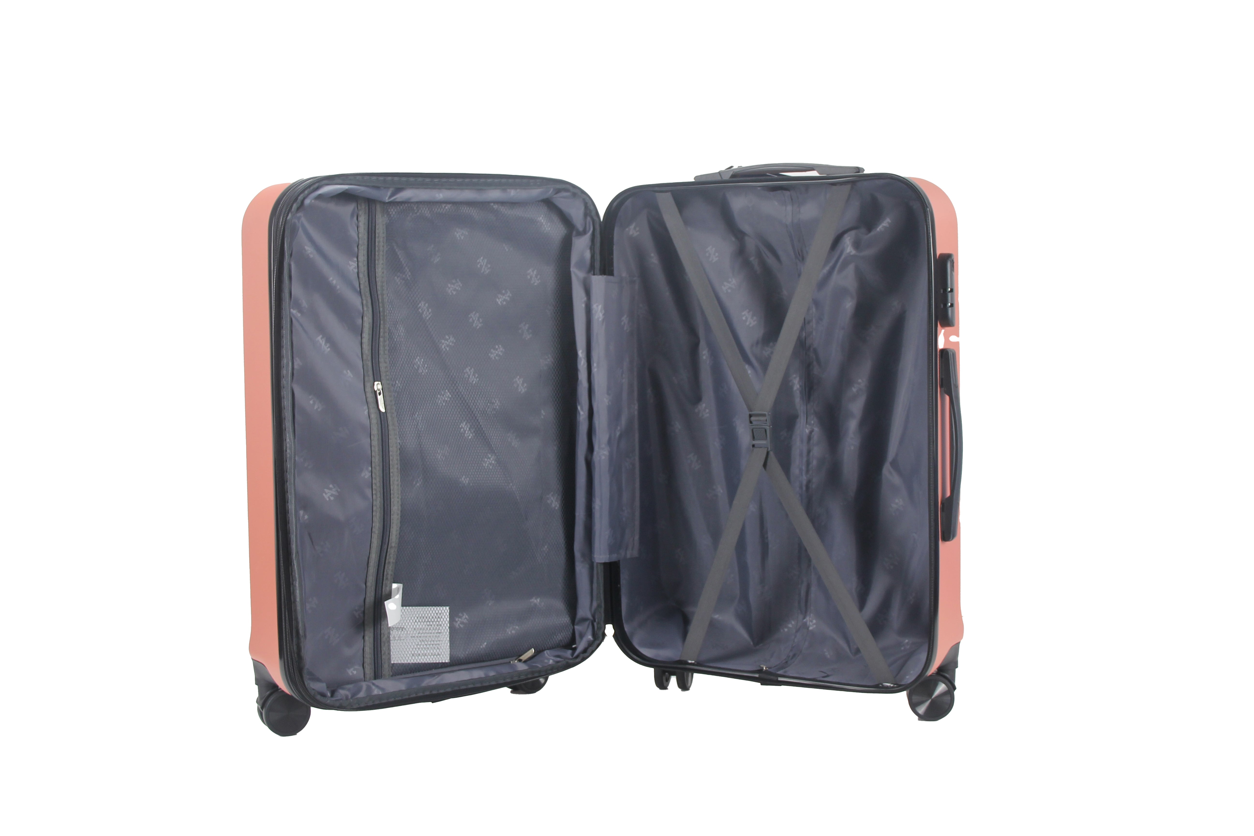 Open suitcase with pink exterior and black interior on a white background
