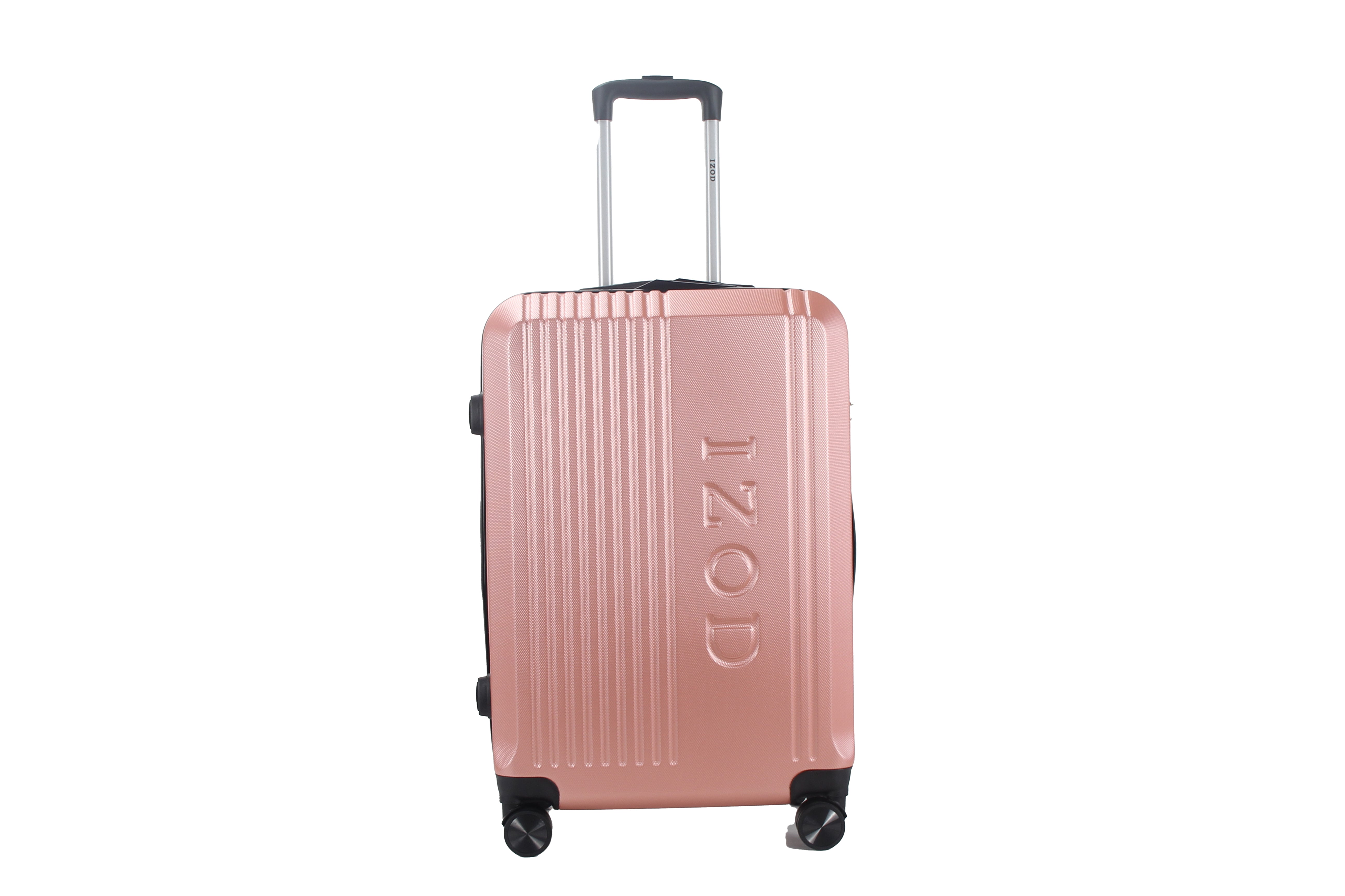 Rose gold suitcase with 'IZOD' branding on a white background