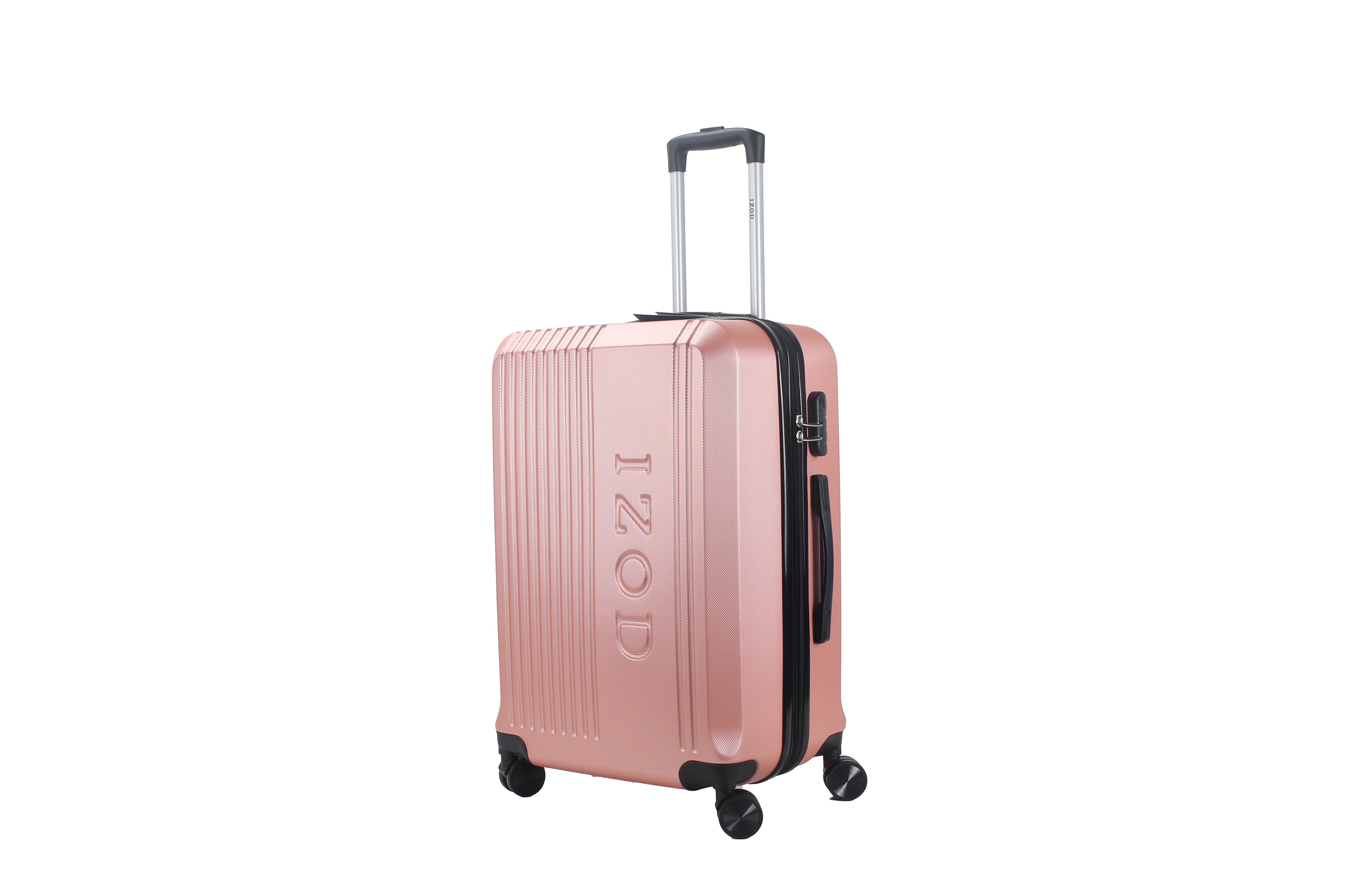 Rose gold suitcase with 'IZOD' branding on a white background