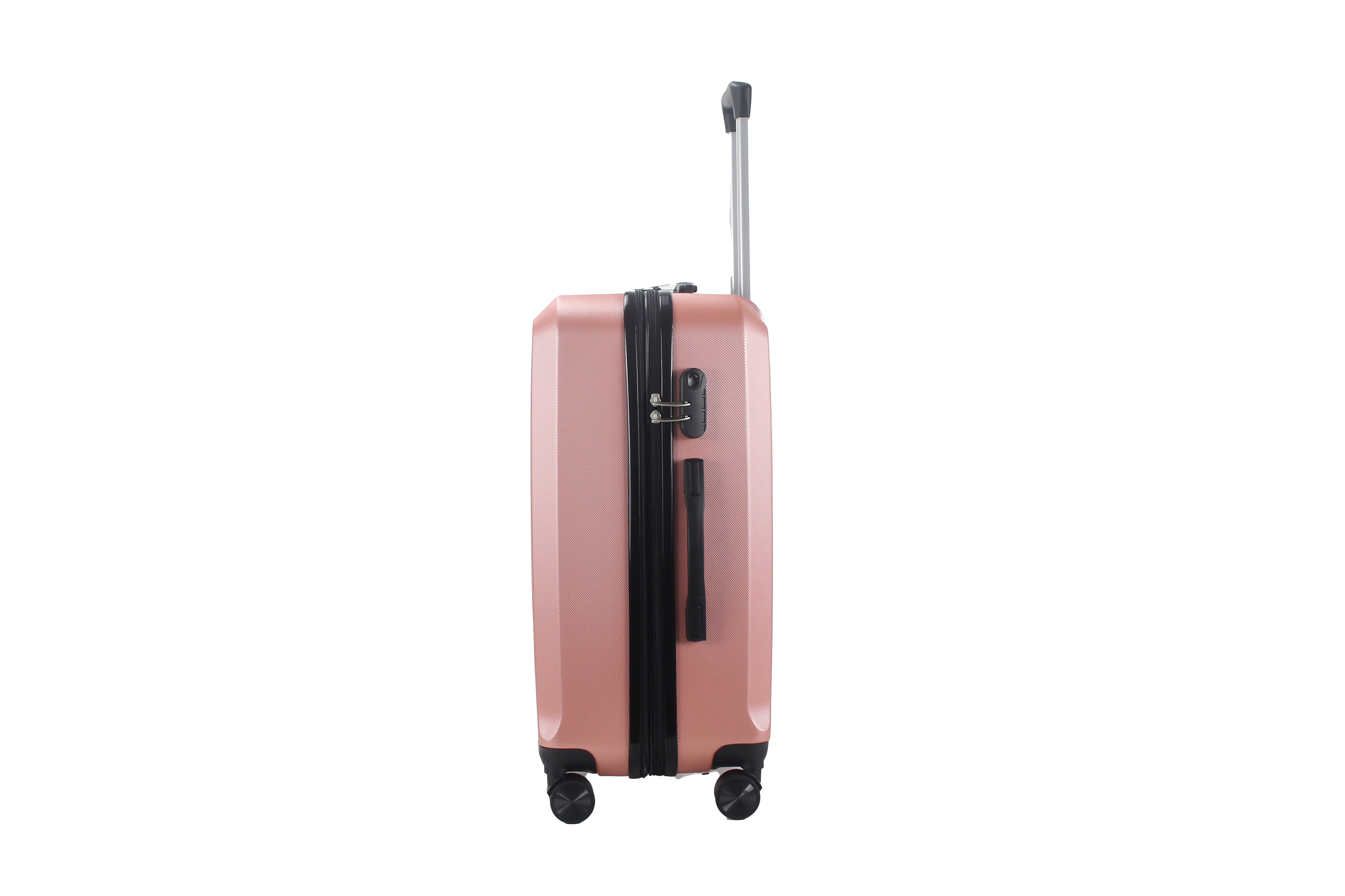 Rose gold suitcase with a black handle on a white background