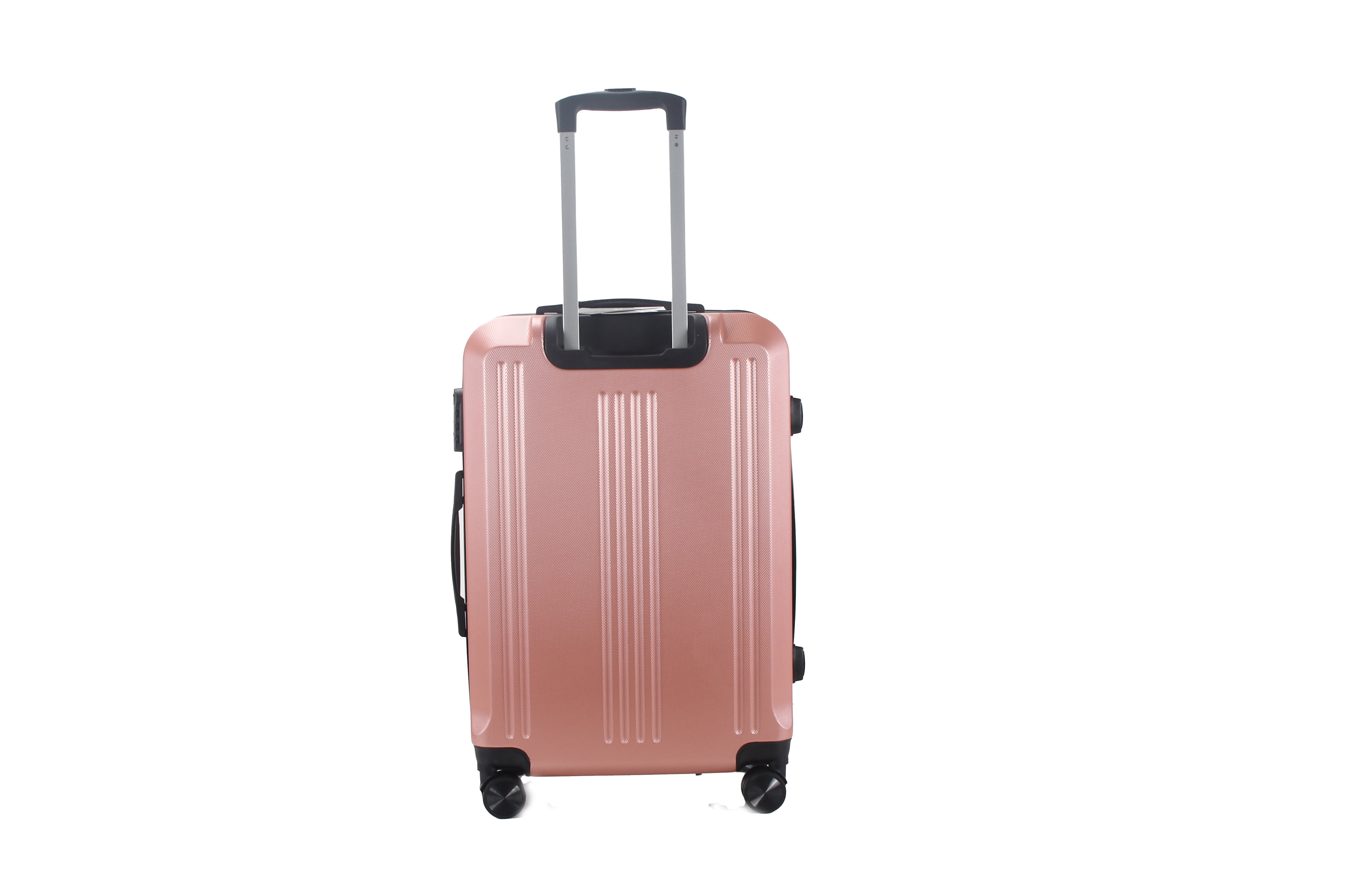 Rose gold suitcase with a black handle on a white background