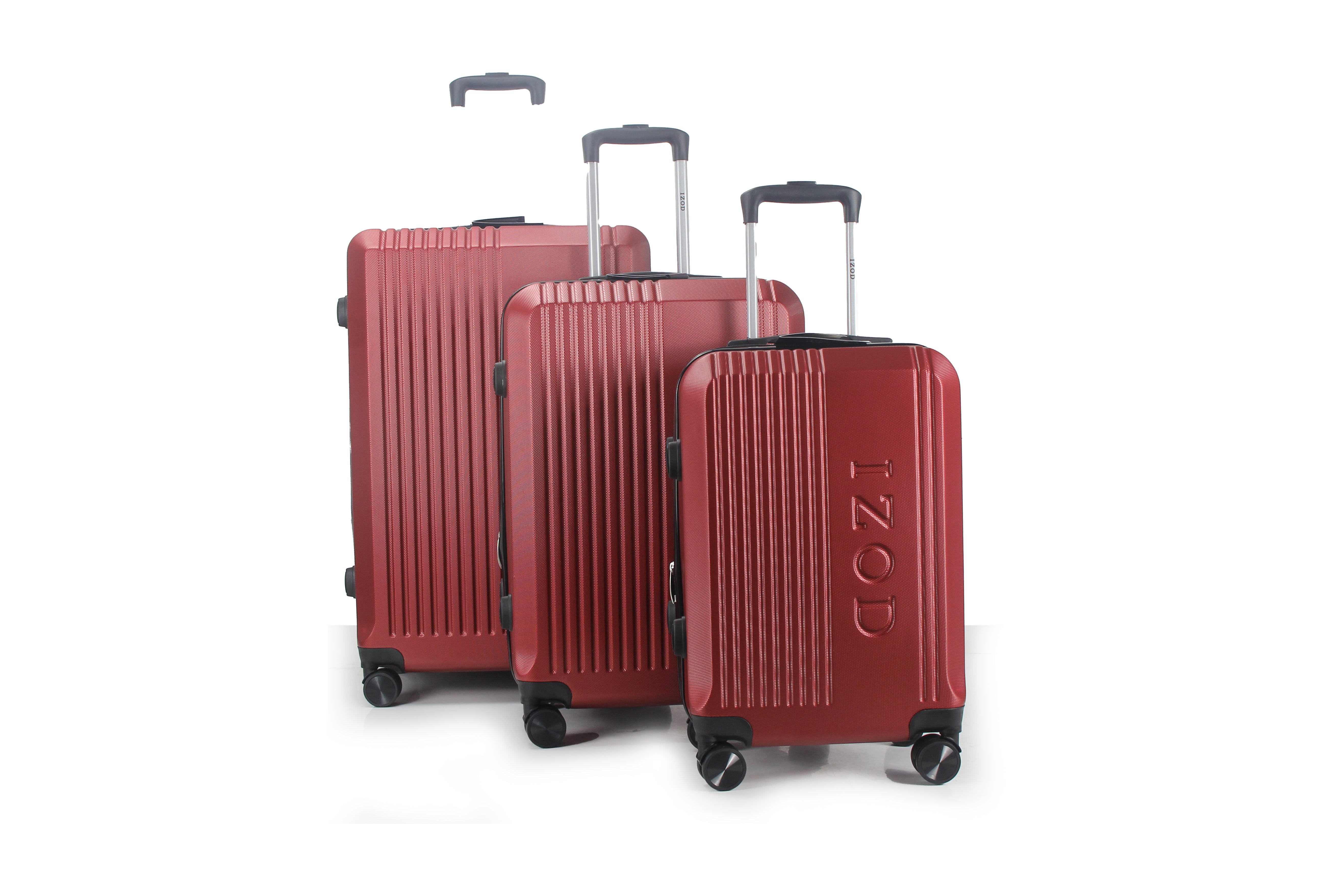 Three red suitcases of different sizes with 'IZOD' branding on a white background