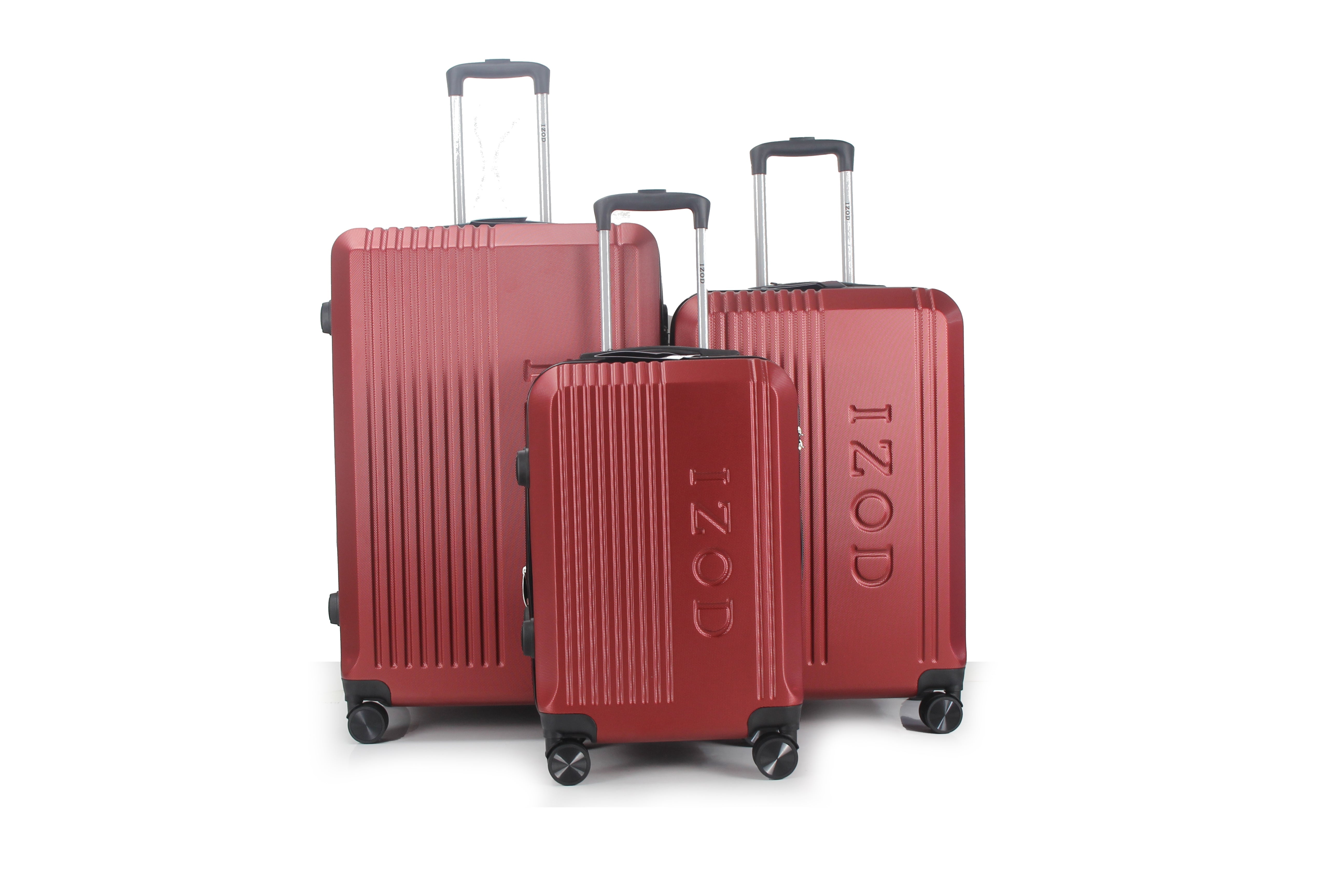 Set of red suitcases with 'Izod' branding on a white background