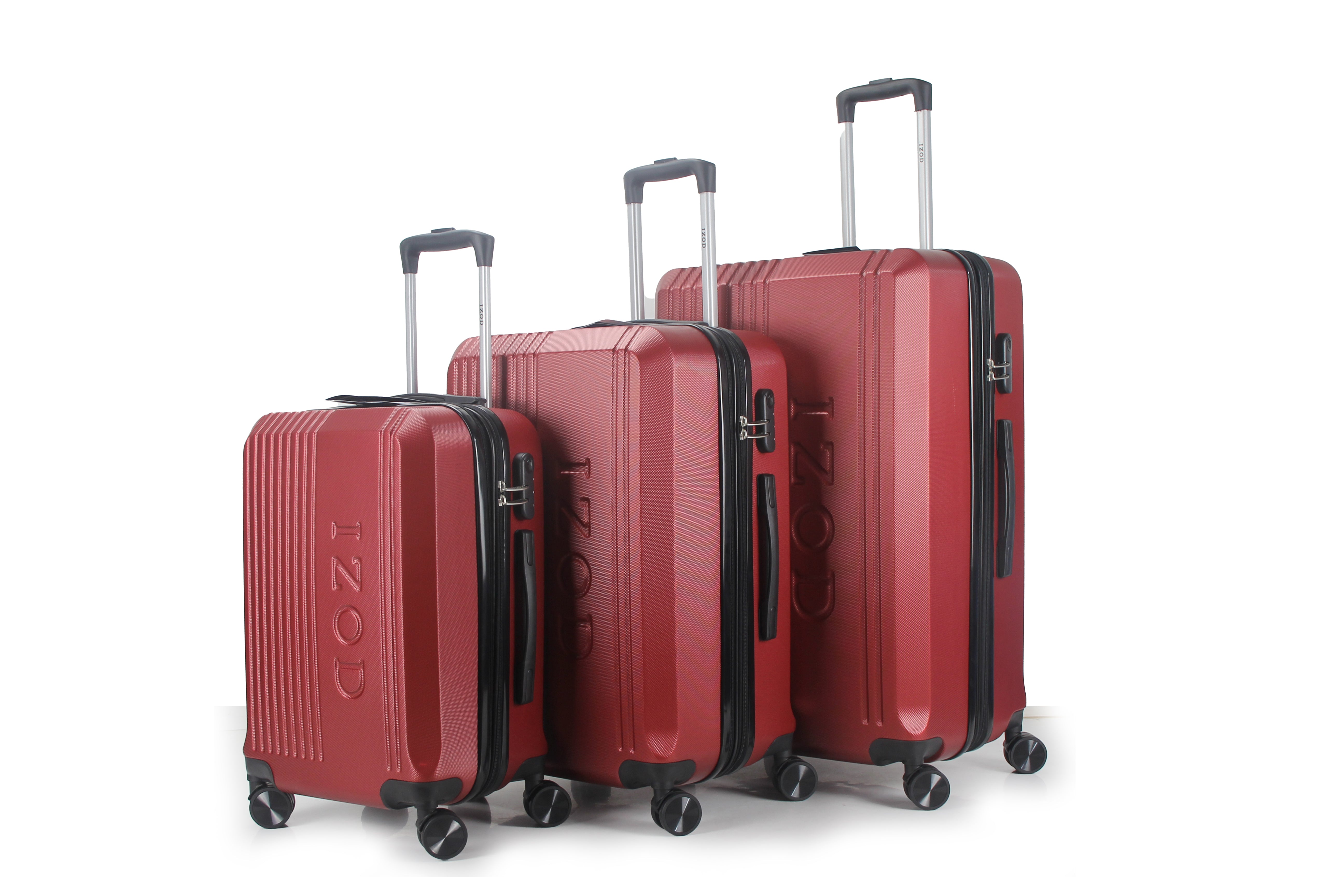 Set of red suitcases with 'COZZI' branding on a white background