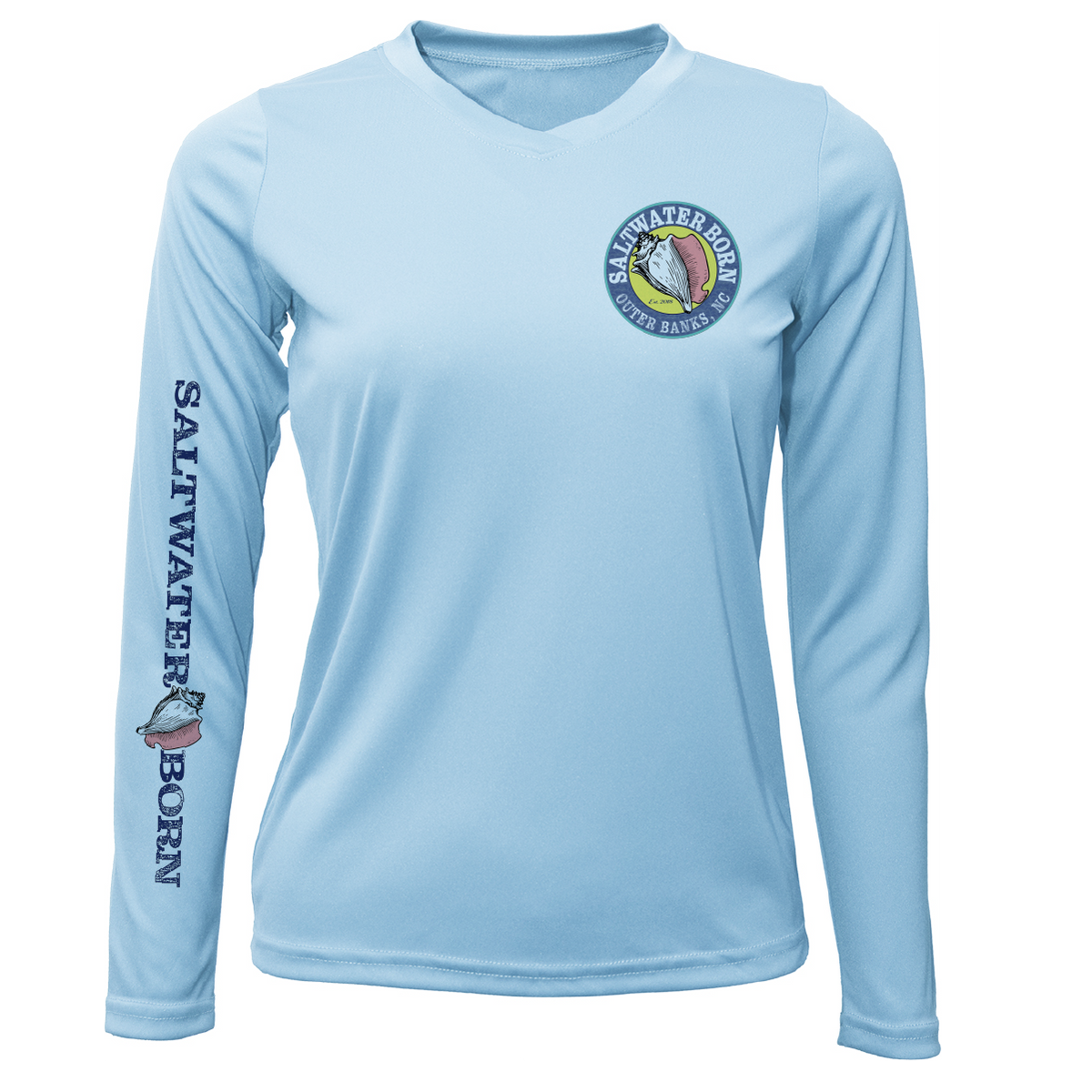 A light blue long-sleeve V-neck performance shirt with a circular 'Saltillo Born Saltwater Fisherman' logo on the left chest and 'SALTWATER BORN' printed vertically on the right sleeve.
