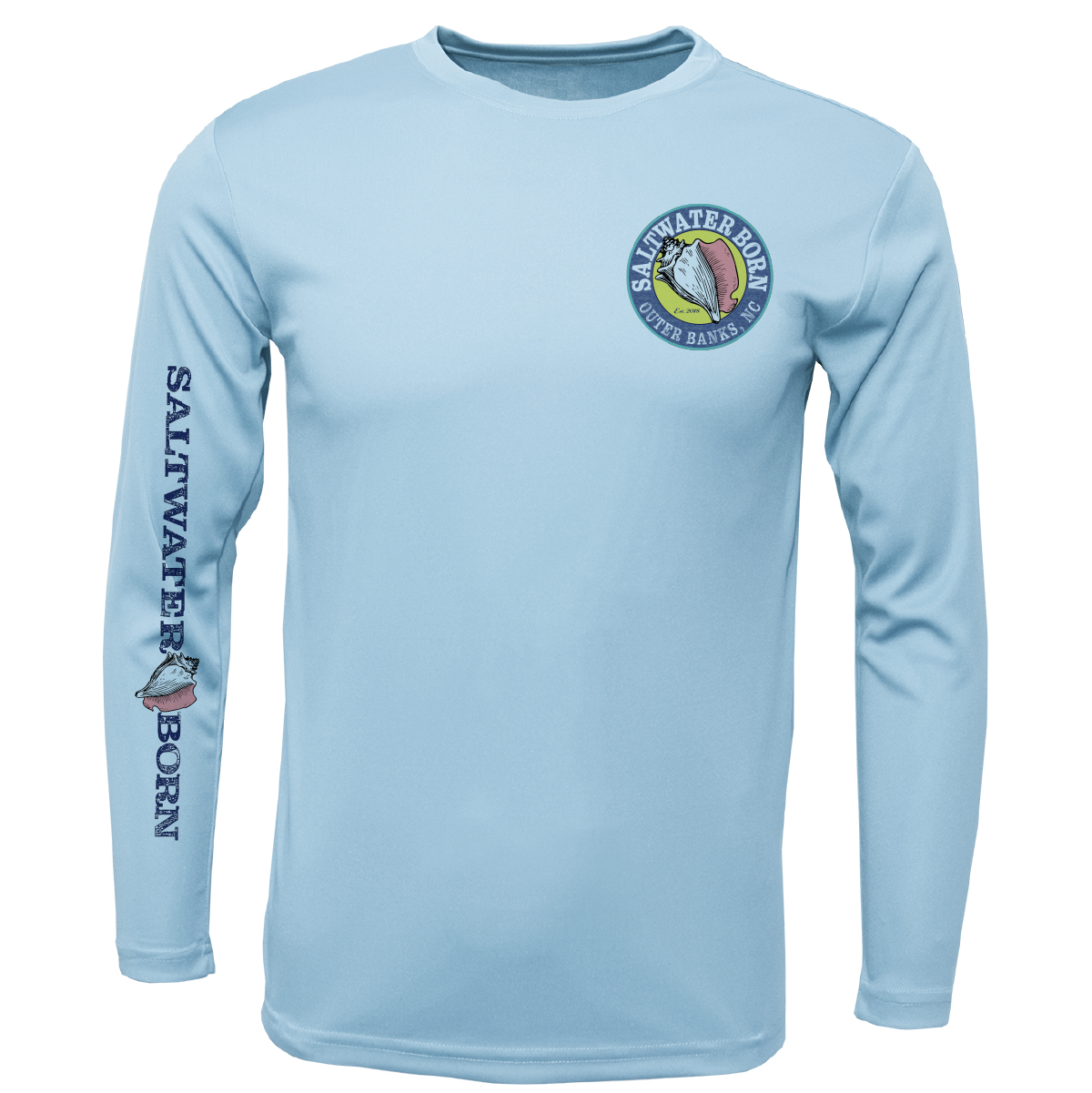 A light blue long-sleeve performance shirt with a circular 'Salvador Beach' logo on the left chest and 'SALTVATORS BORN' printed vertically on the right sleeve.