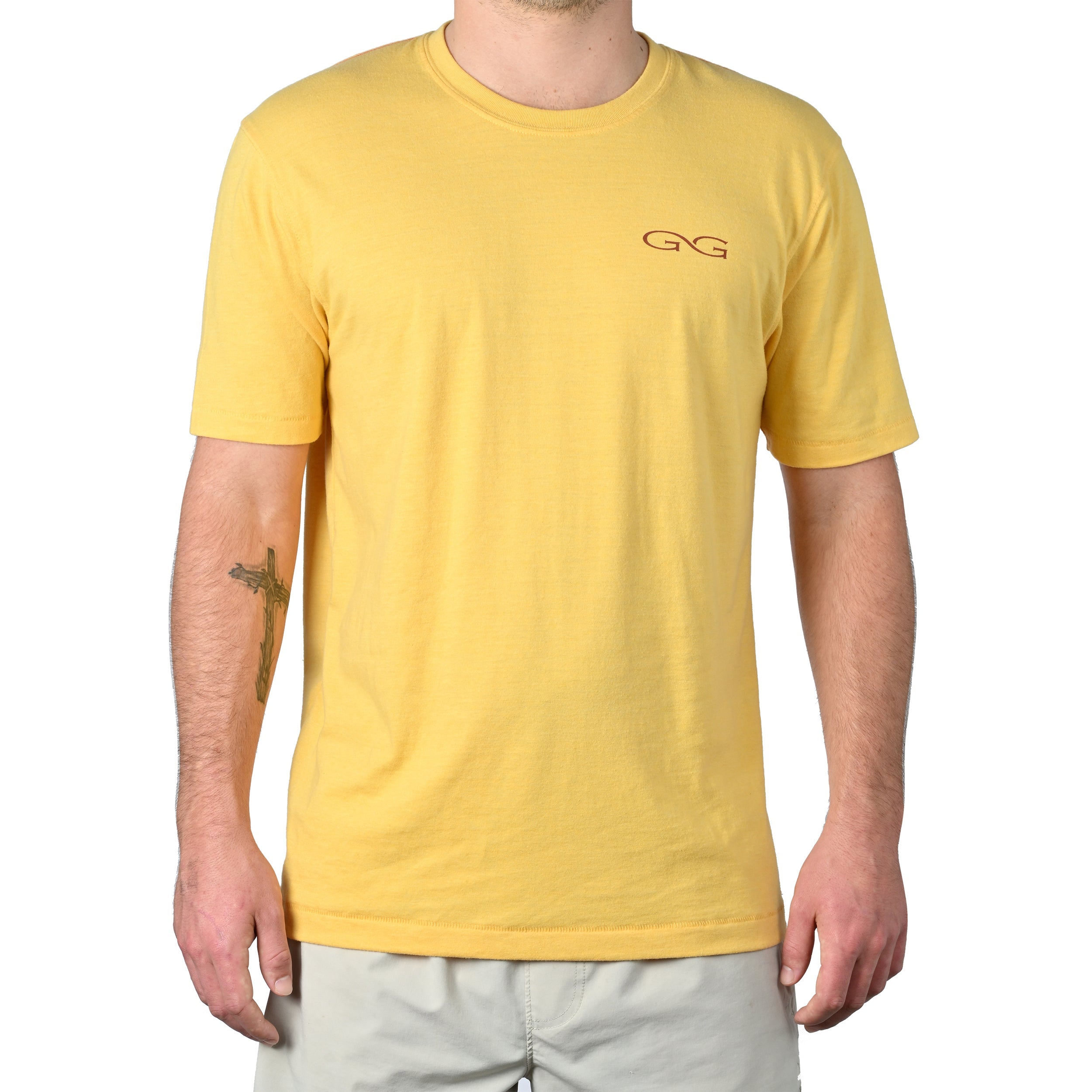 Yellow t-shirt with a logo on a white background