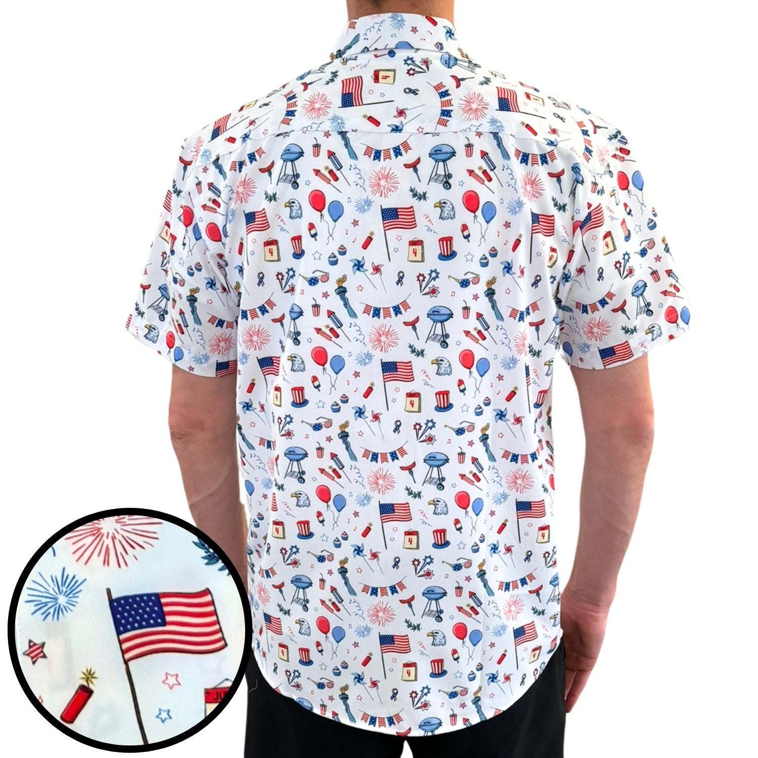 Person wearing a colorful patterned shirt with patriotic elements on a white background