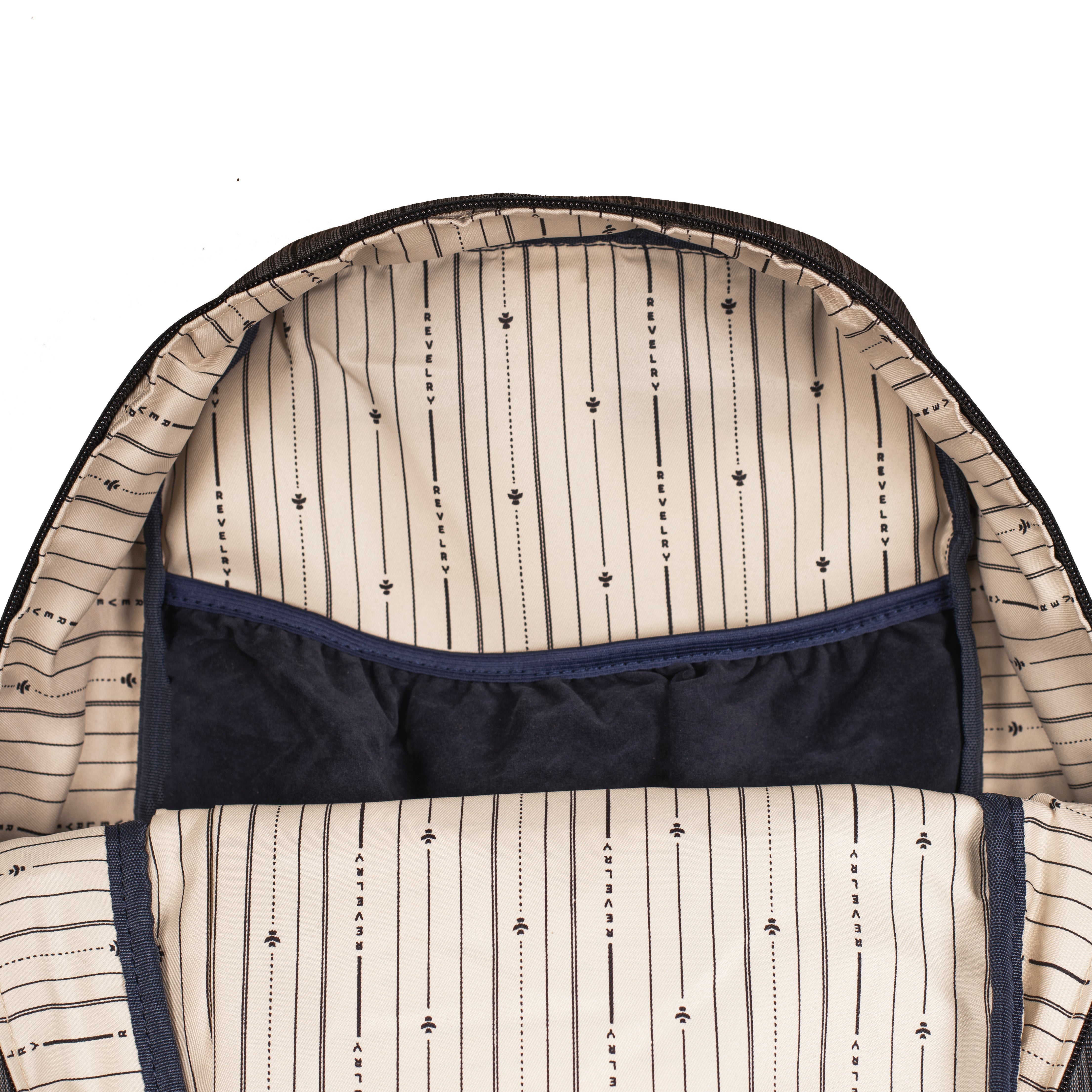 Close-up of a backpack with striped interior and exterior on a white background