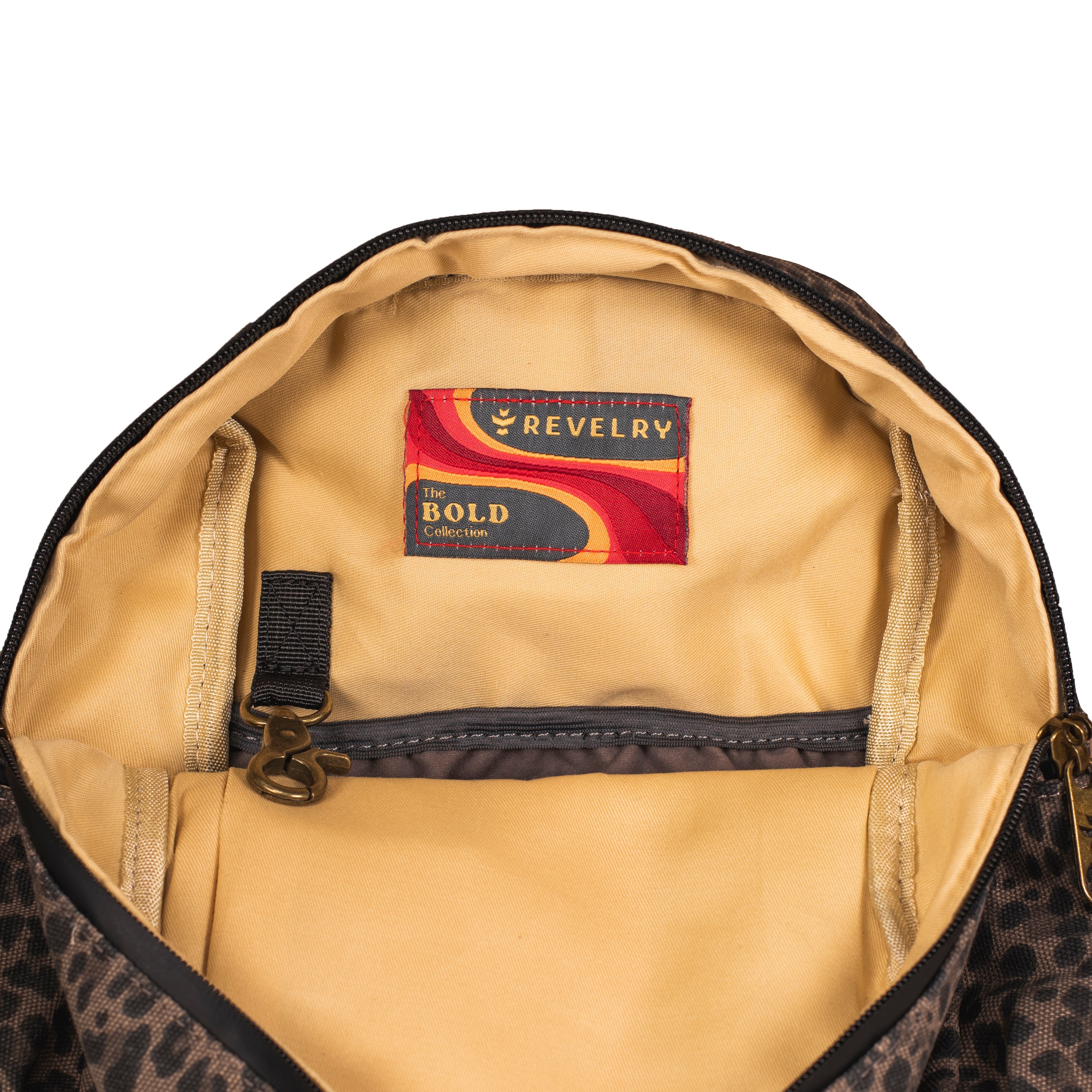 Close-up of a bag with a visible brand label on a white background