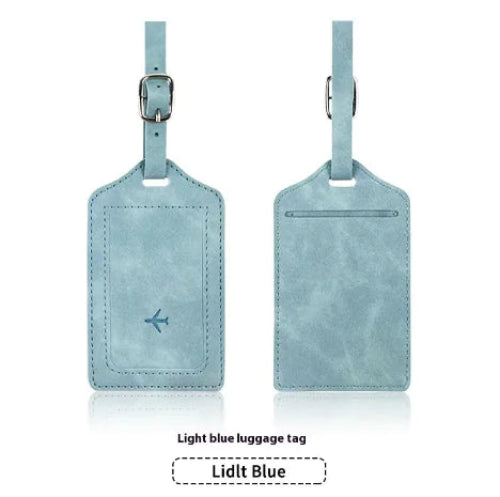 Light blue luggage tag with a visible brand logo on a white background