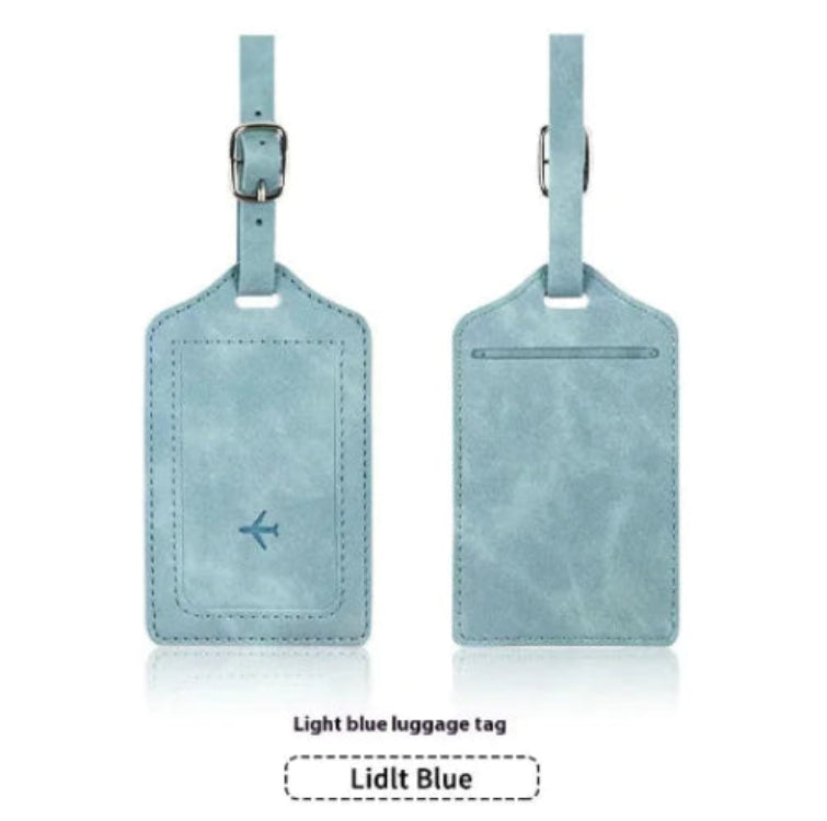 Light blue luggage tag with a visible brand logo on a white background