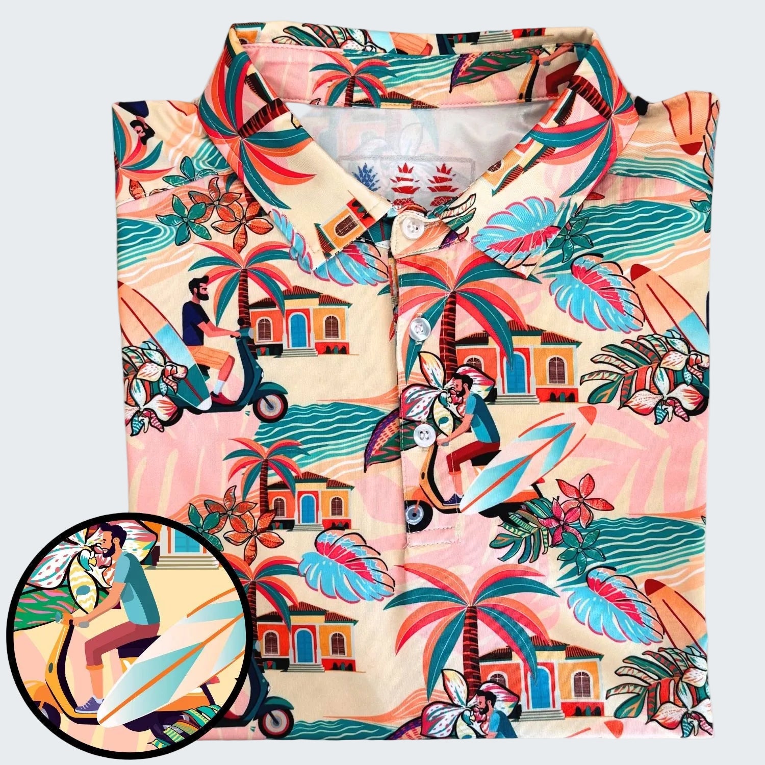 Colorful tropical patterned shirt with a close-up of a button.
