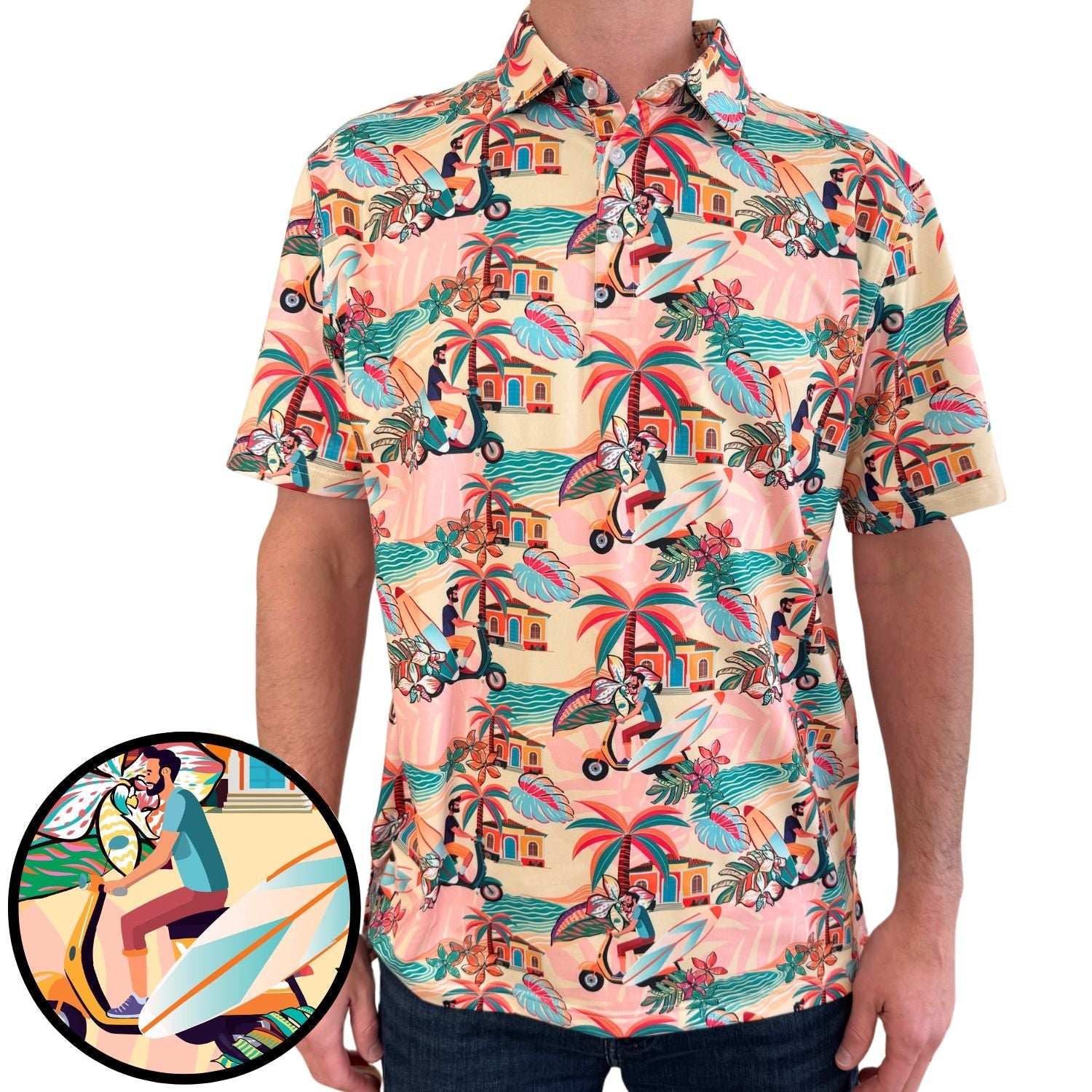 Colorful tropical patterned shirt with a close-up of the design on a white background