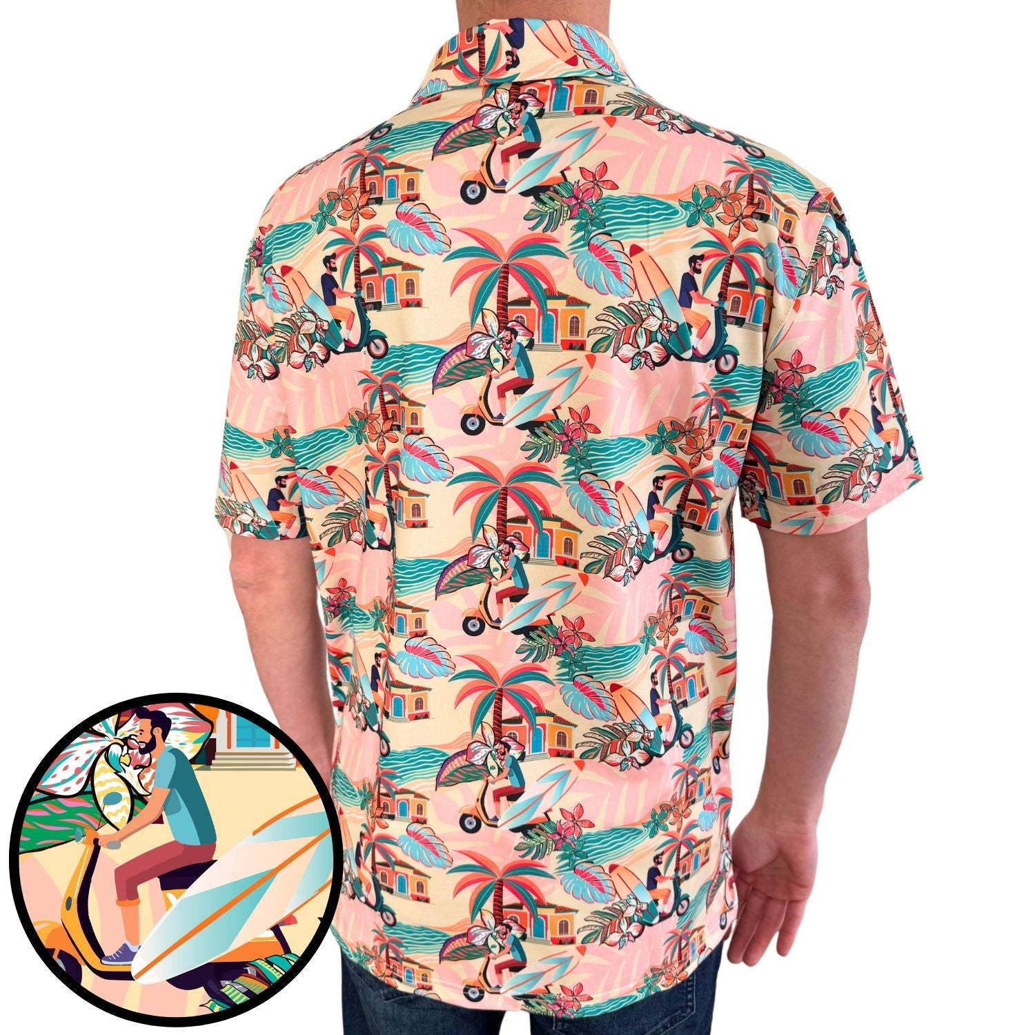 Colorful patterned shirt with a close-up of the design on a white background