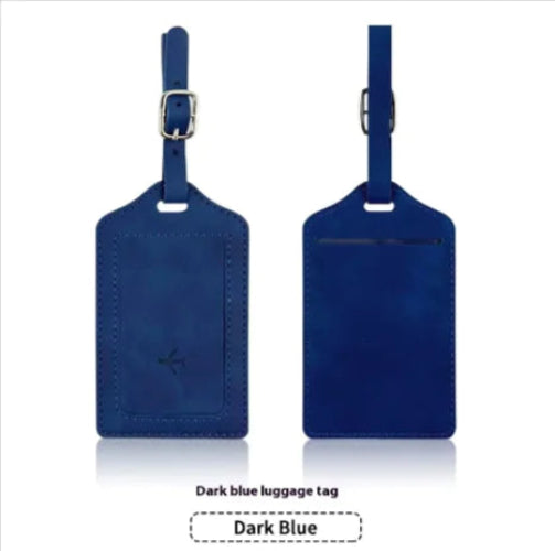 Two dark blue luggage tags on a white background