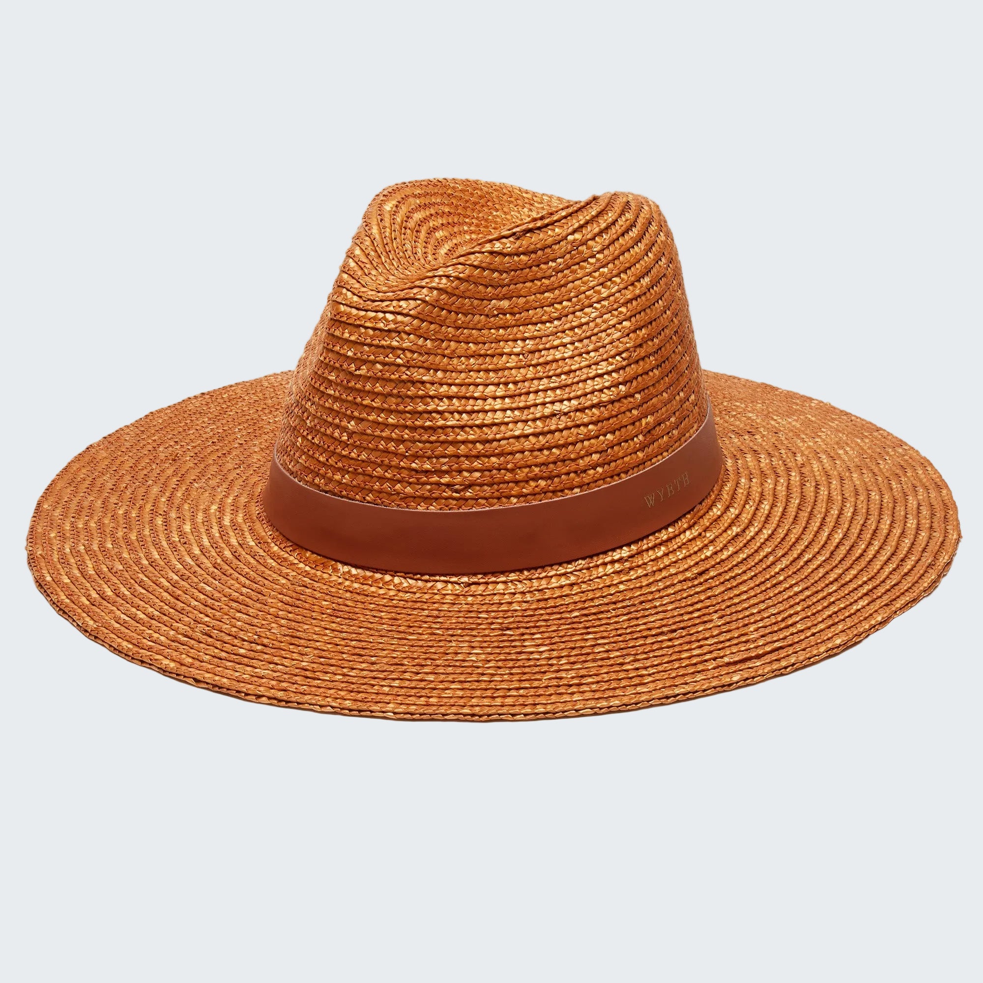 Brown straw hat with a brown band on a light gray background