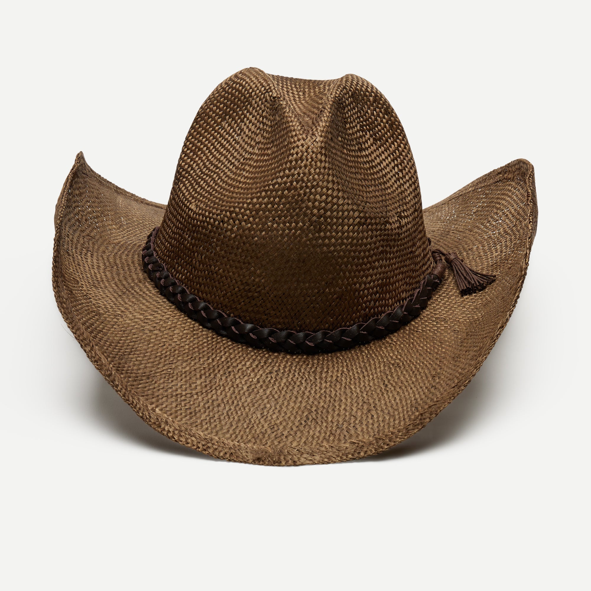 Brown cowboy hat with braided band on a white background
