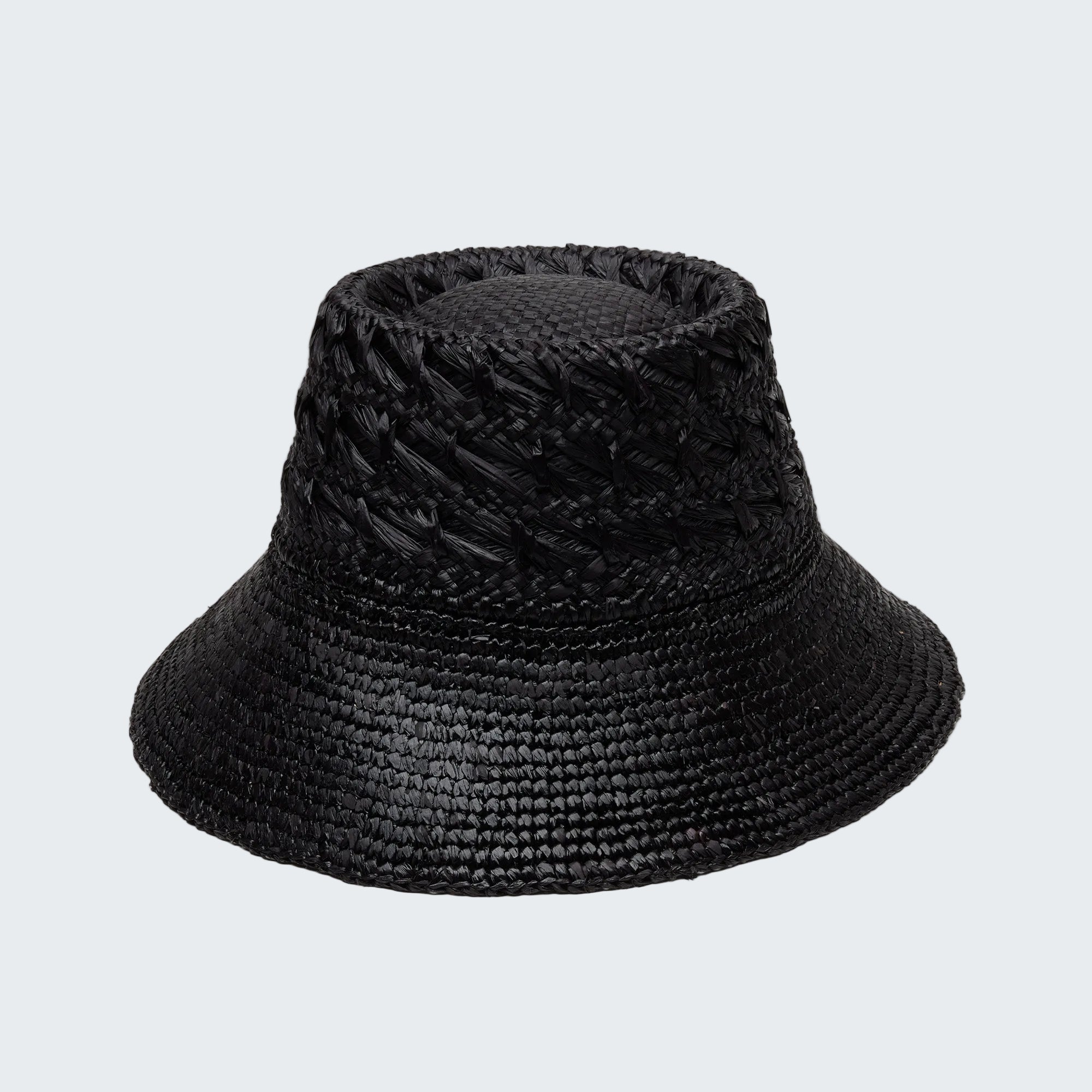 Black woven bucket hat on a white background