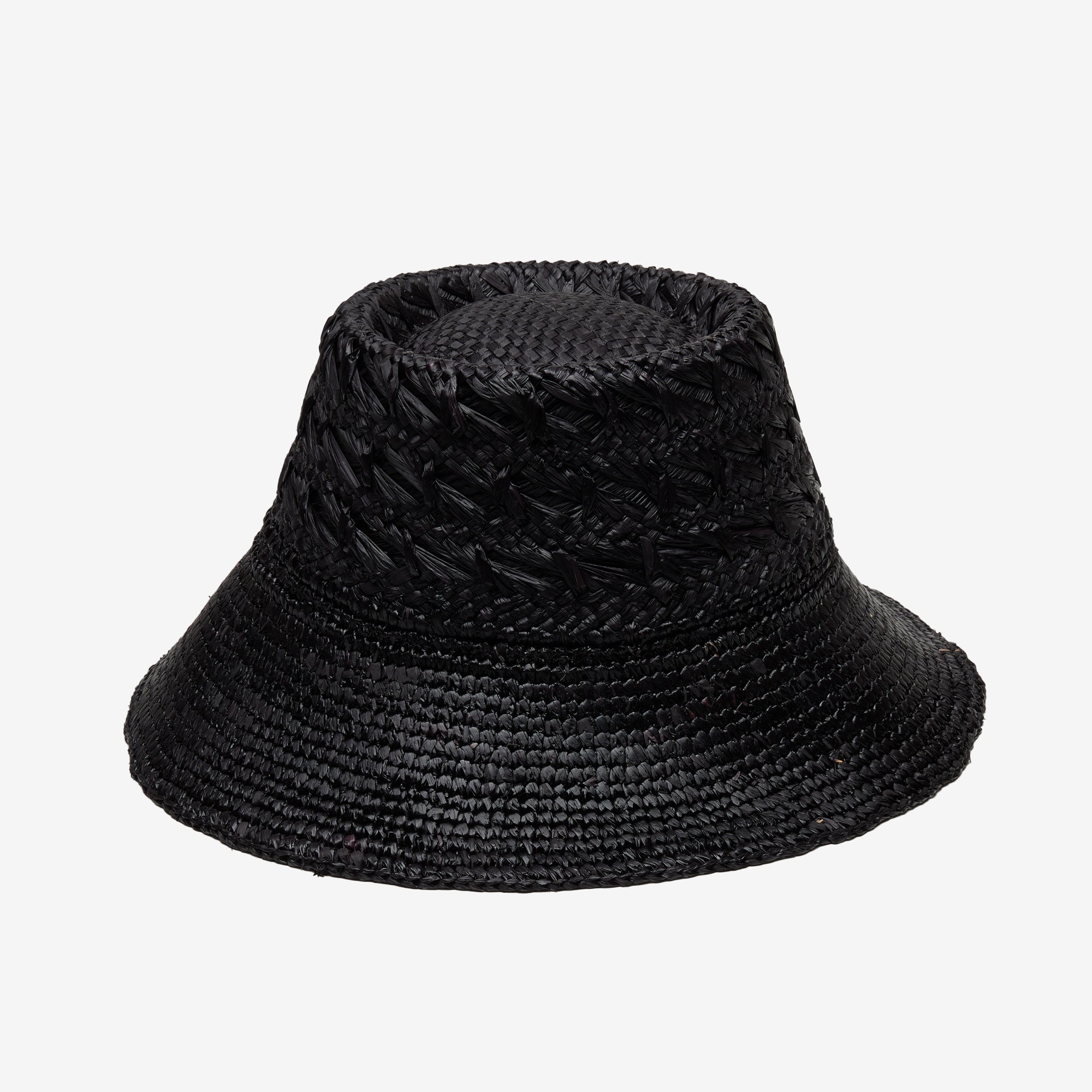 Black woven bucket hat on a white background