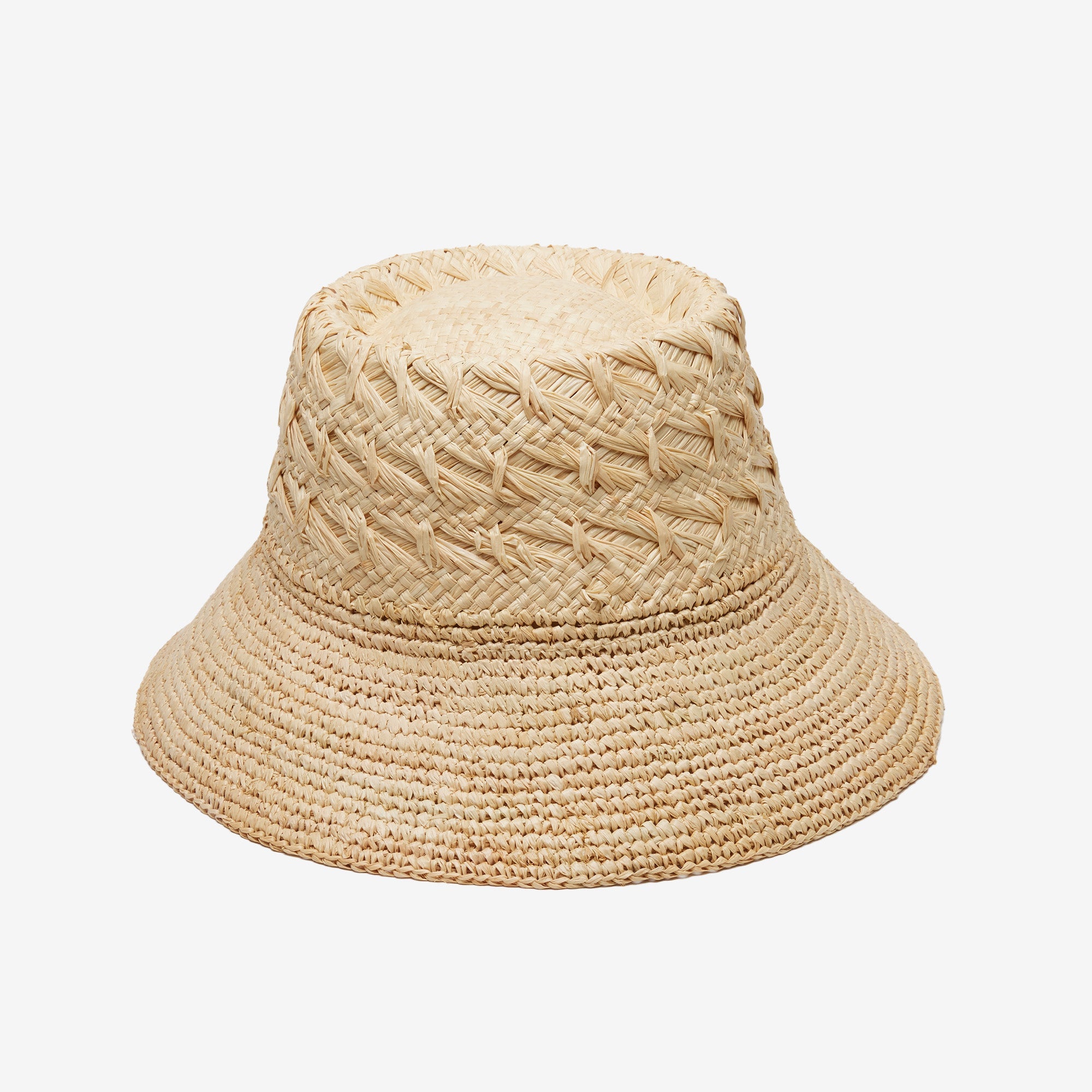 Beige woven bucket hat on a white background