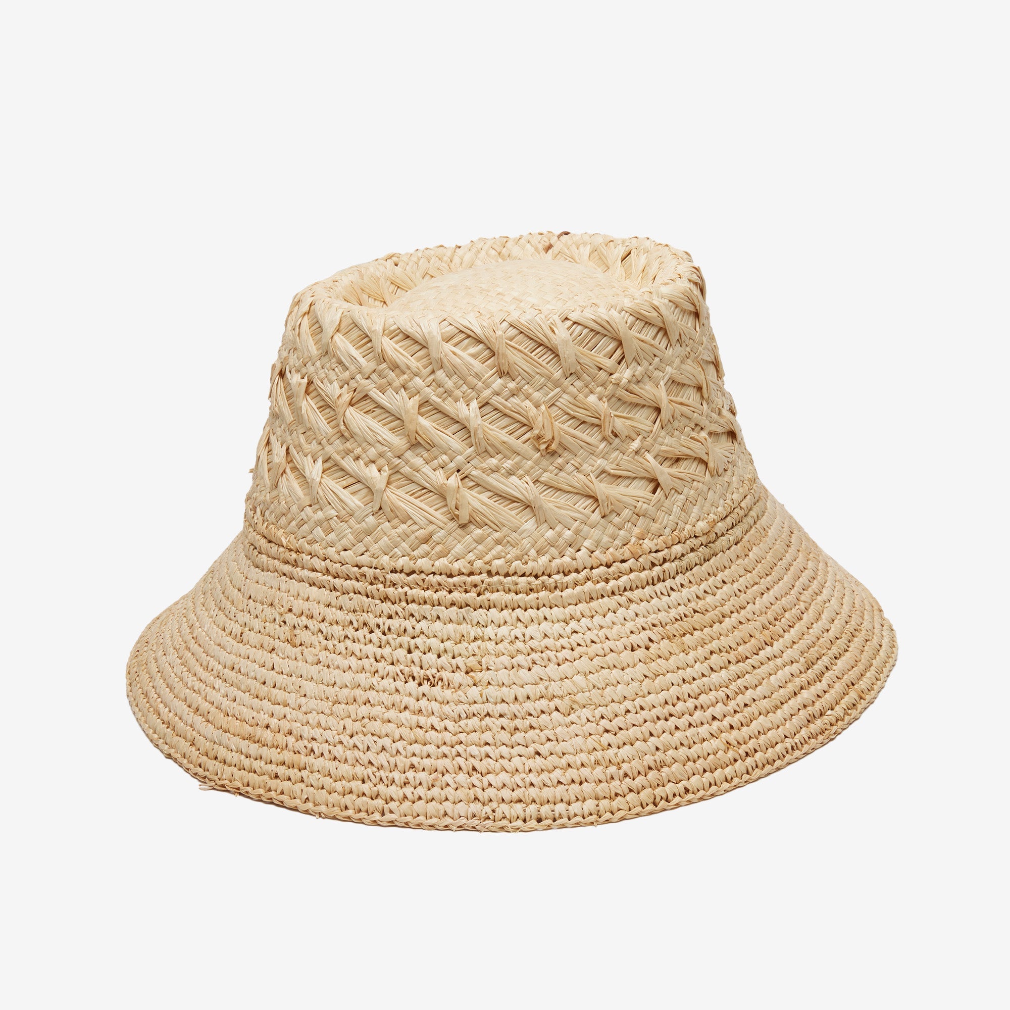 Beige woven bucket hat on a white background