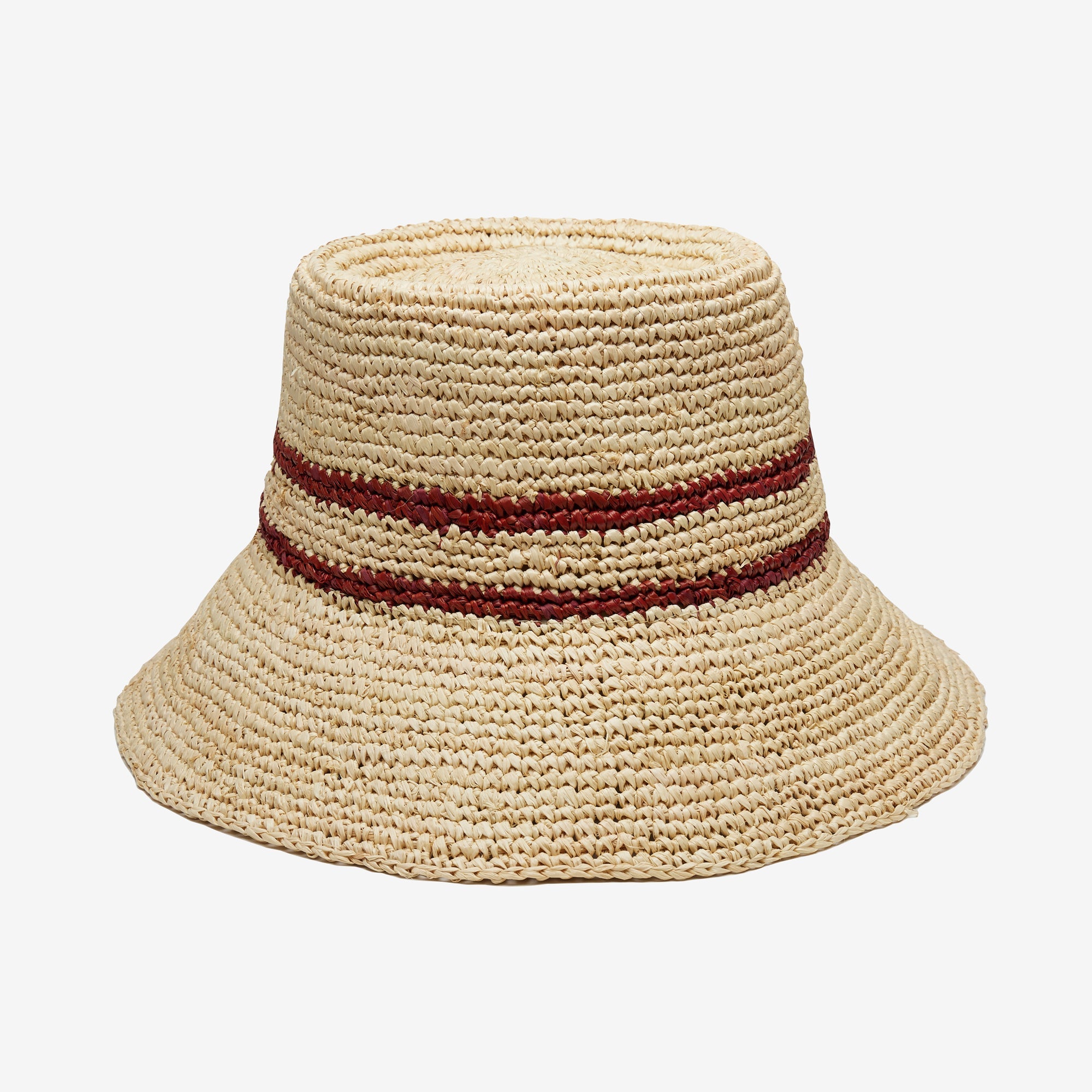 Beige straw hat with a red band on a white background