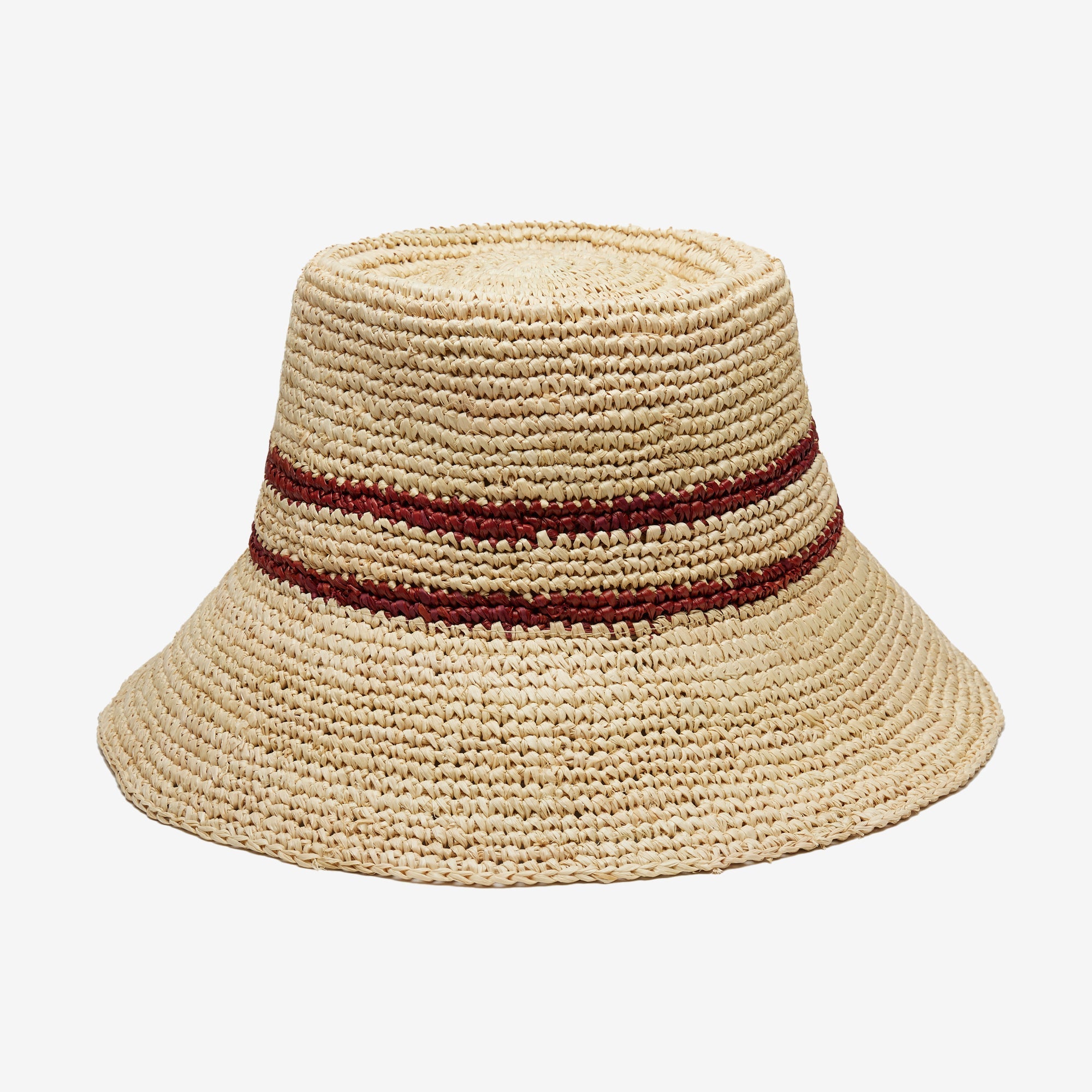 Beige straw hat with a red band on a white background