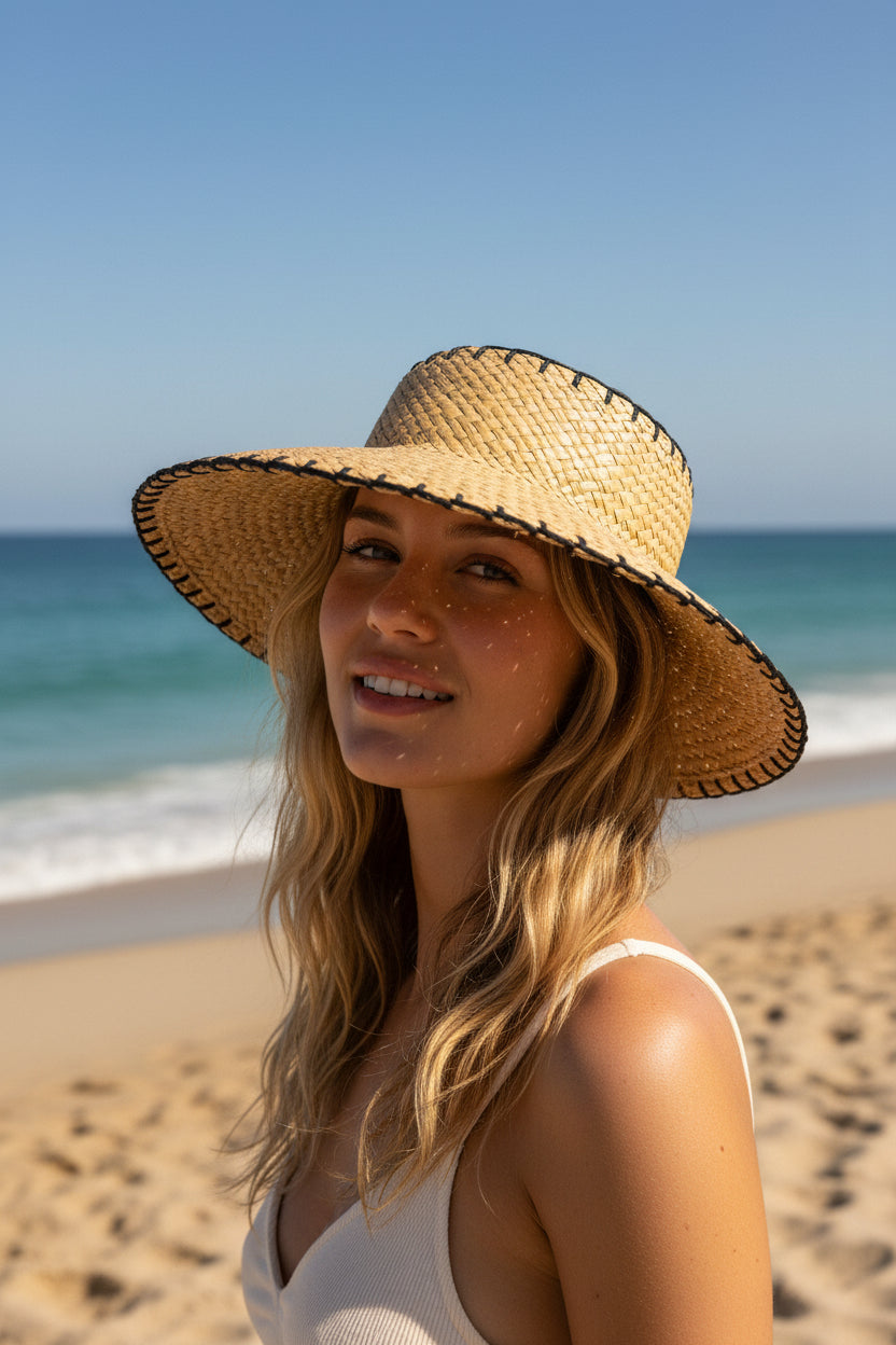 Straw hat with black trim on a light gray background
