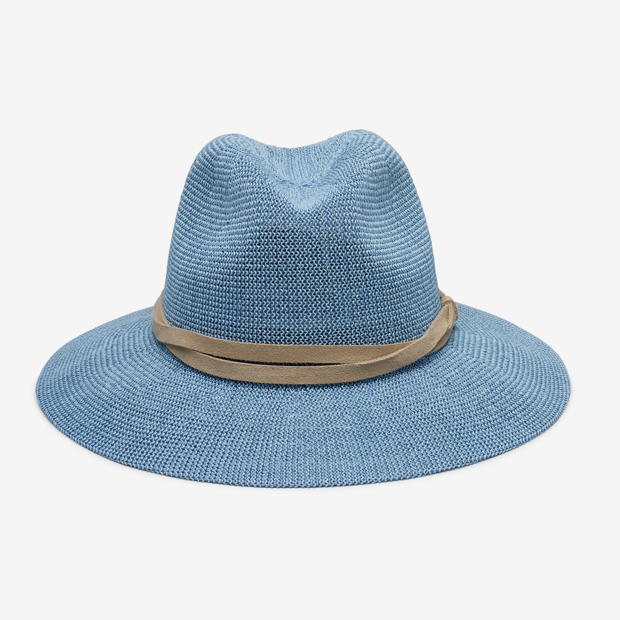 Blue straw hat with a brown band on a white background