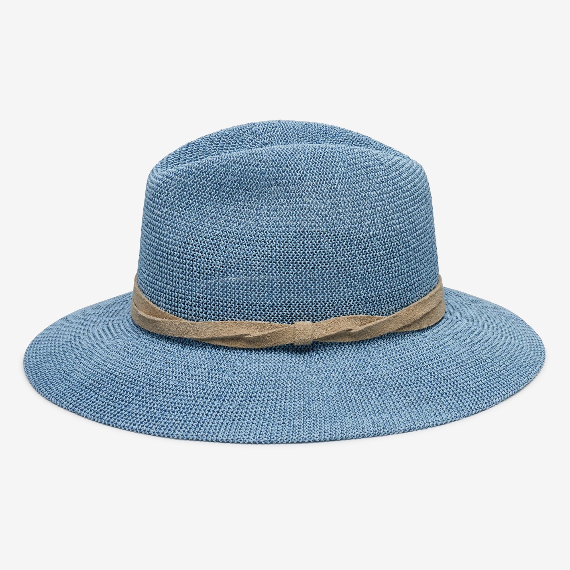 Blue straw hat with a beige band on a white background