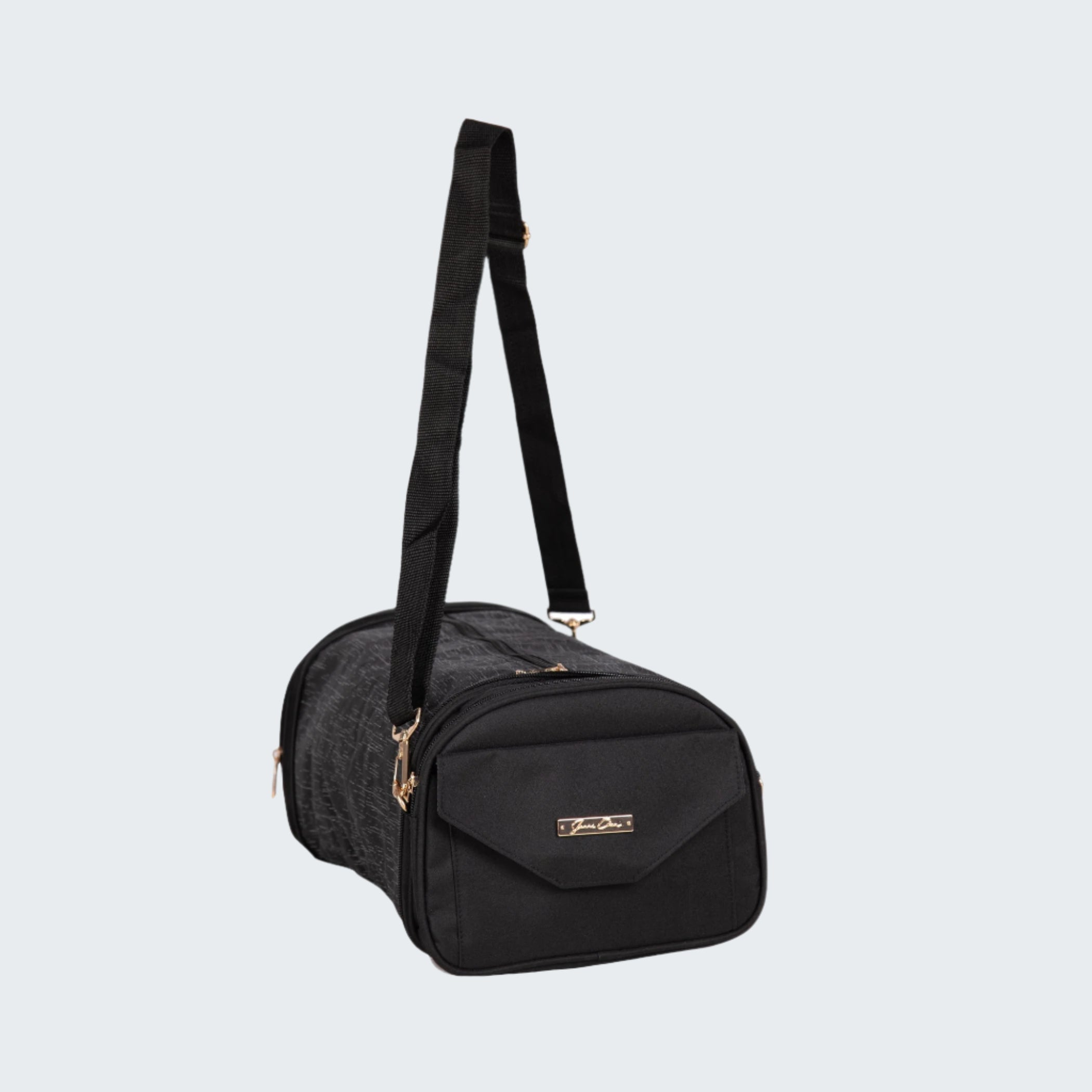 Black duffel bag with a strap on a white background