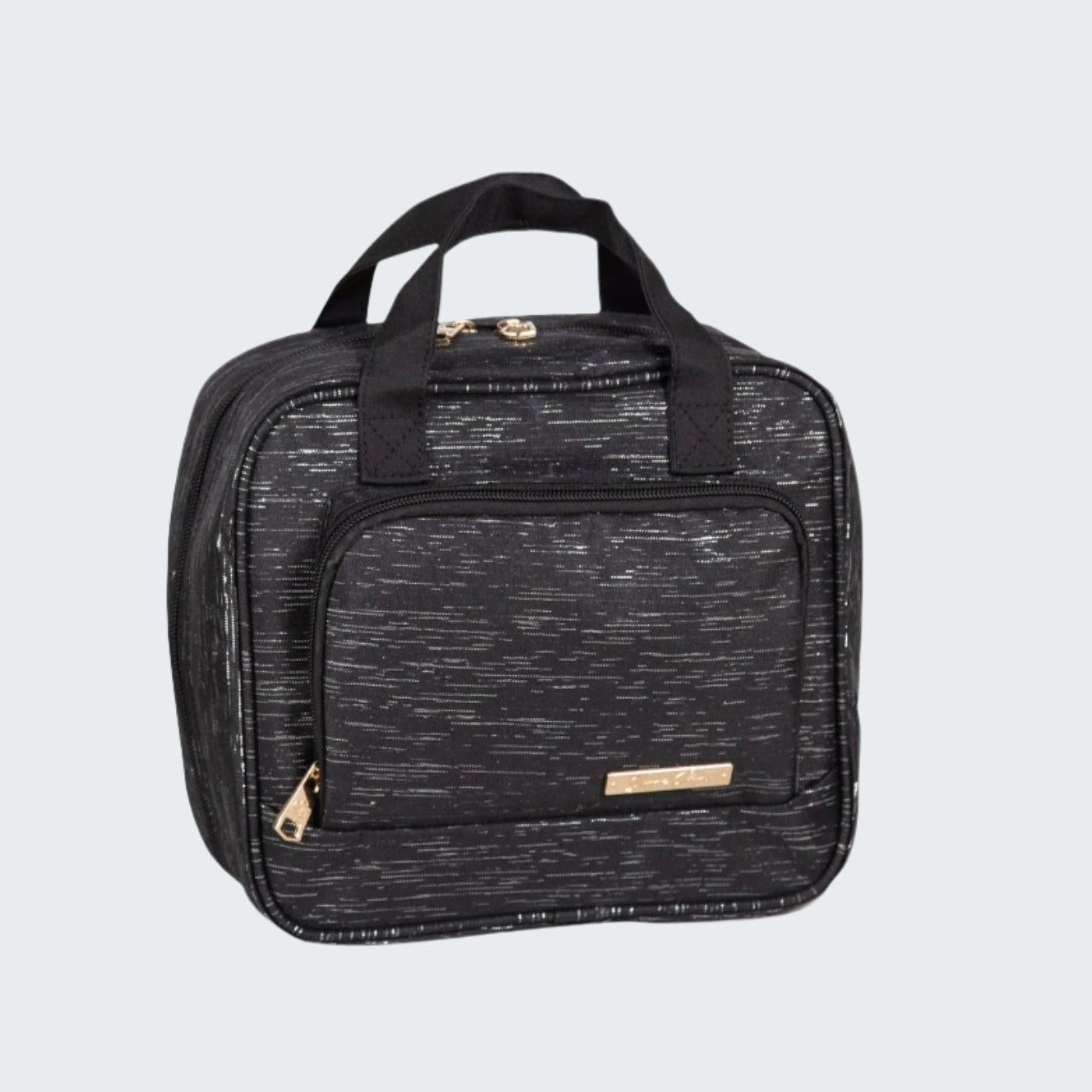 Black travel bag with a handle on a white background