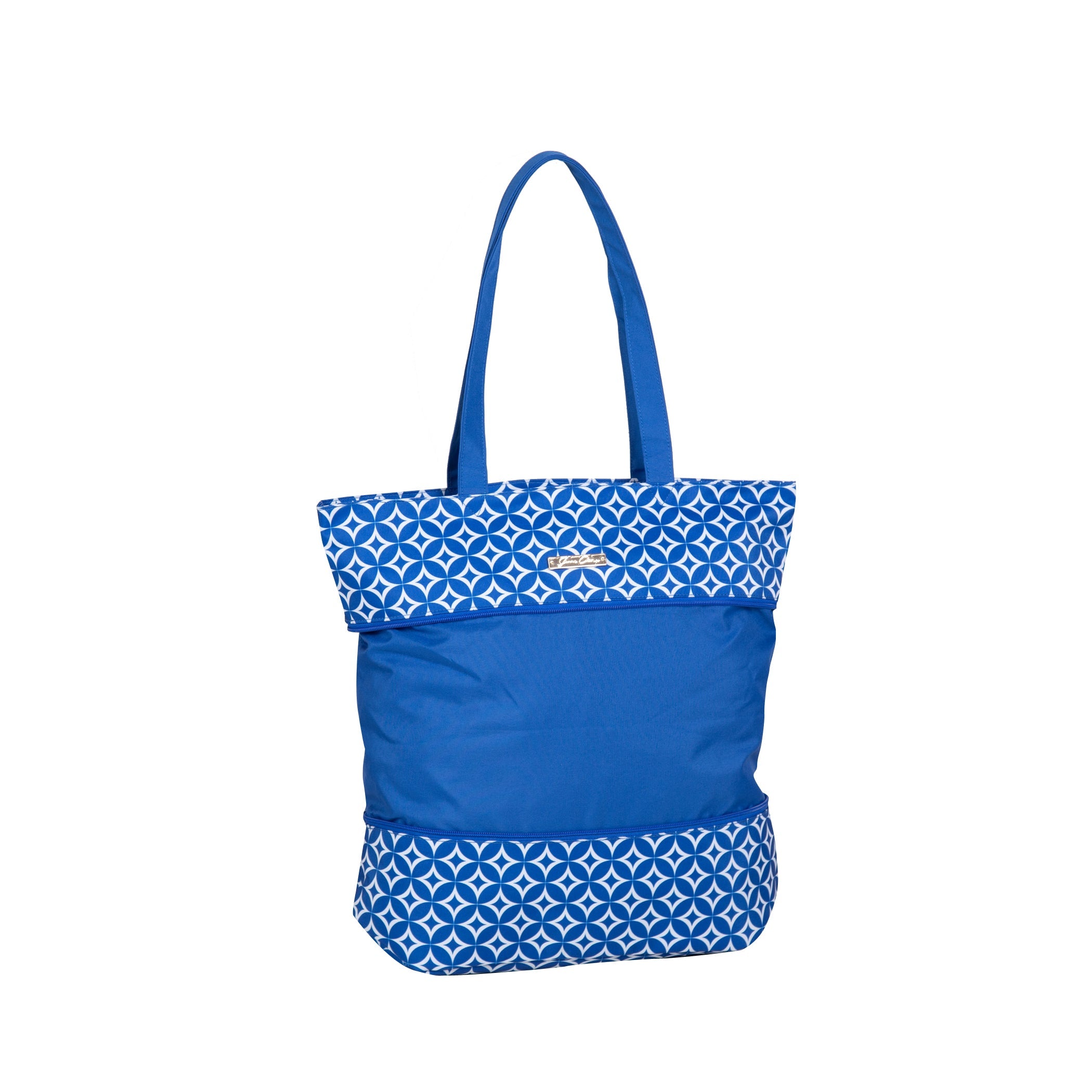 Blue tote bag with white geometric pattern on a white background