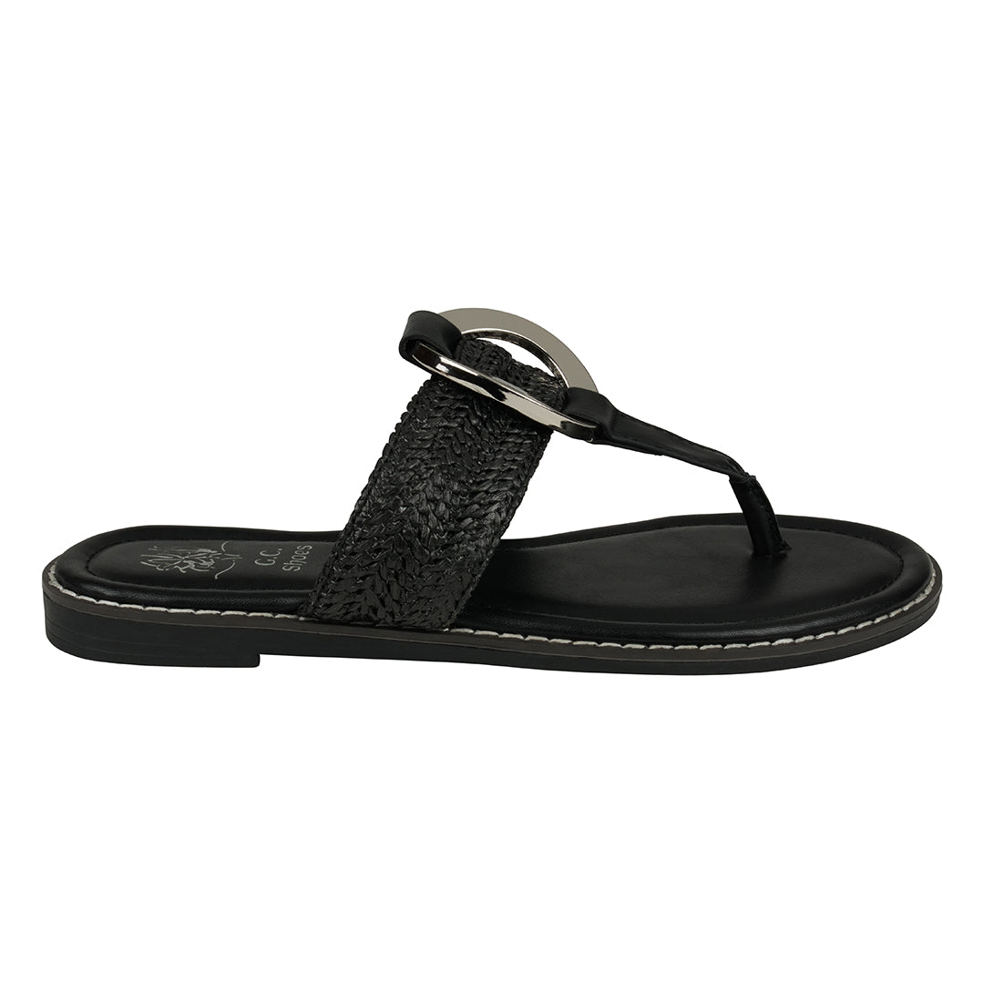 Black sandal with a textured strap on a white background