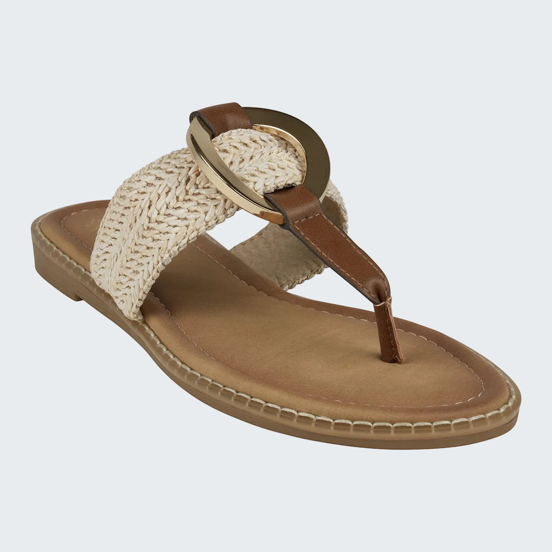 Tan sandal with woven strap and gold buckle on a white background