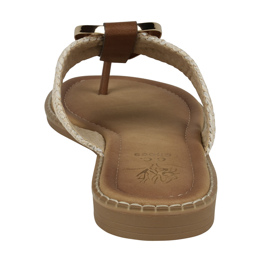 Tan sandal with a brown strap on a white background