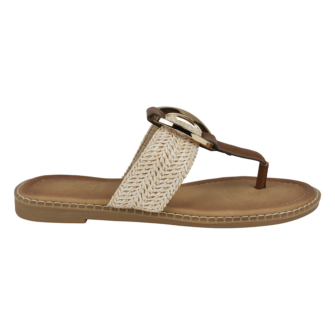 Brown sandal with a woven strap on a white background